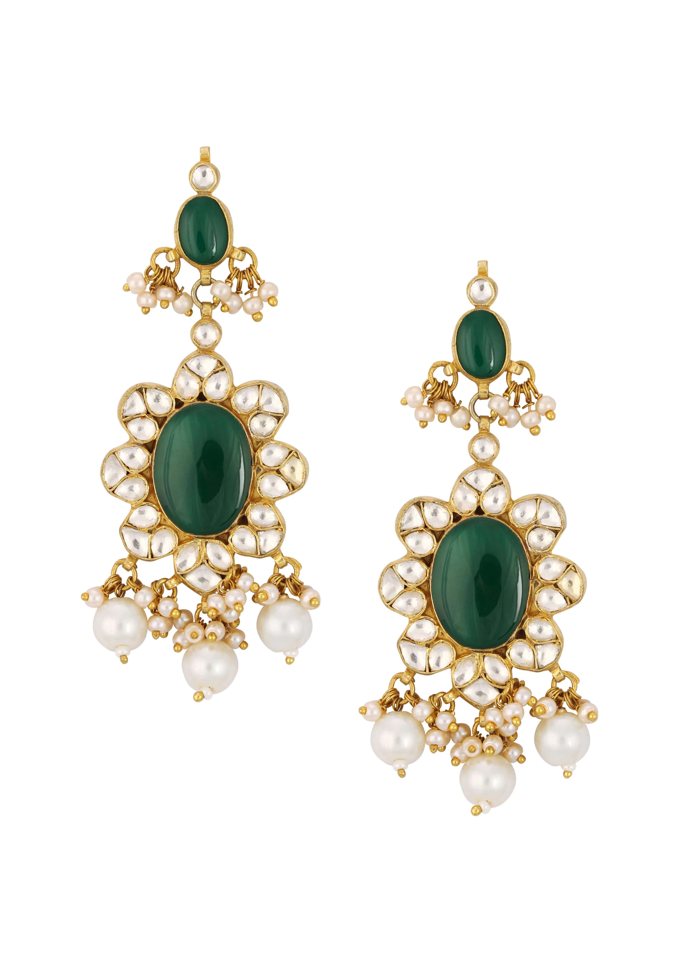 Green Kundan Danglers With Emerald Onyx And Pearls - Image 3