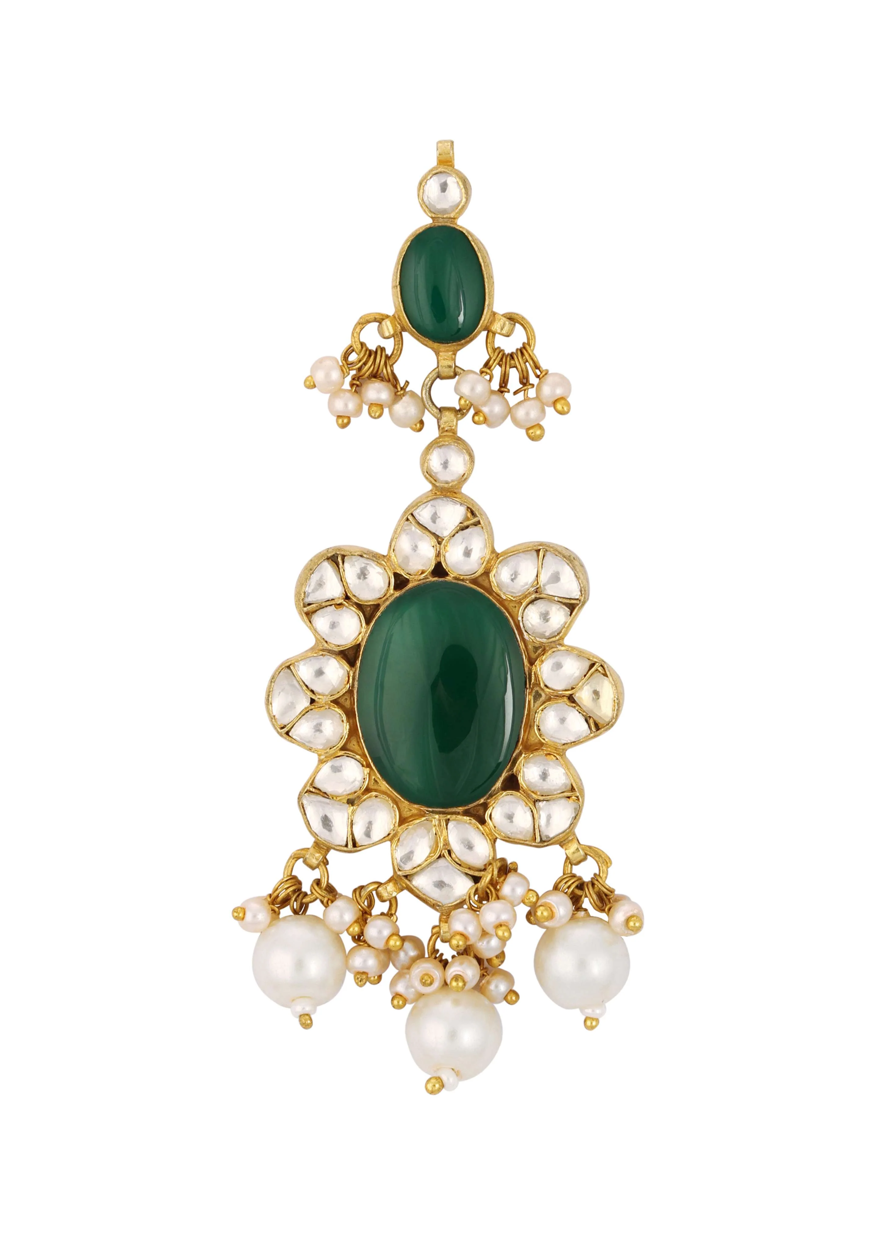 Green Kundan Danglers With Emerald Onyx And Pearls - Image 4