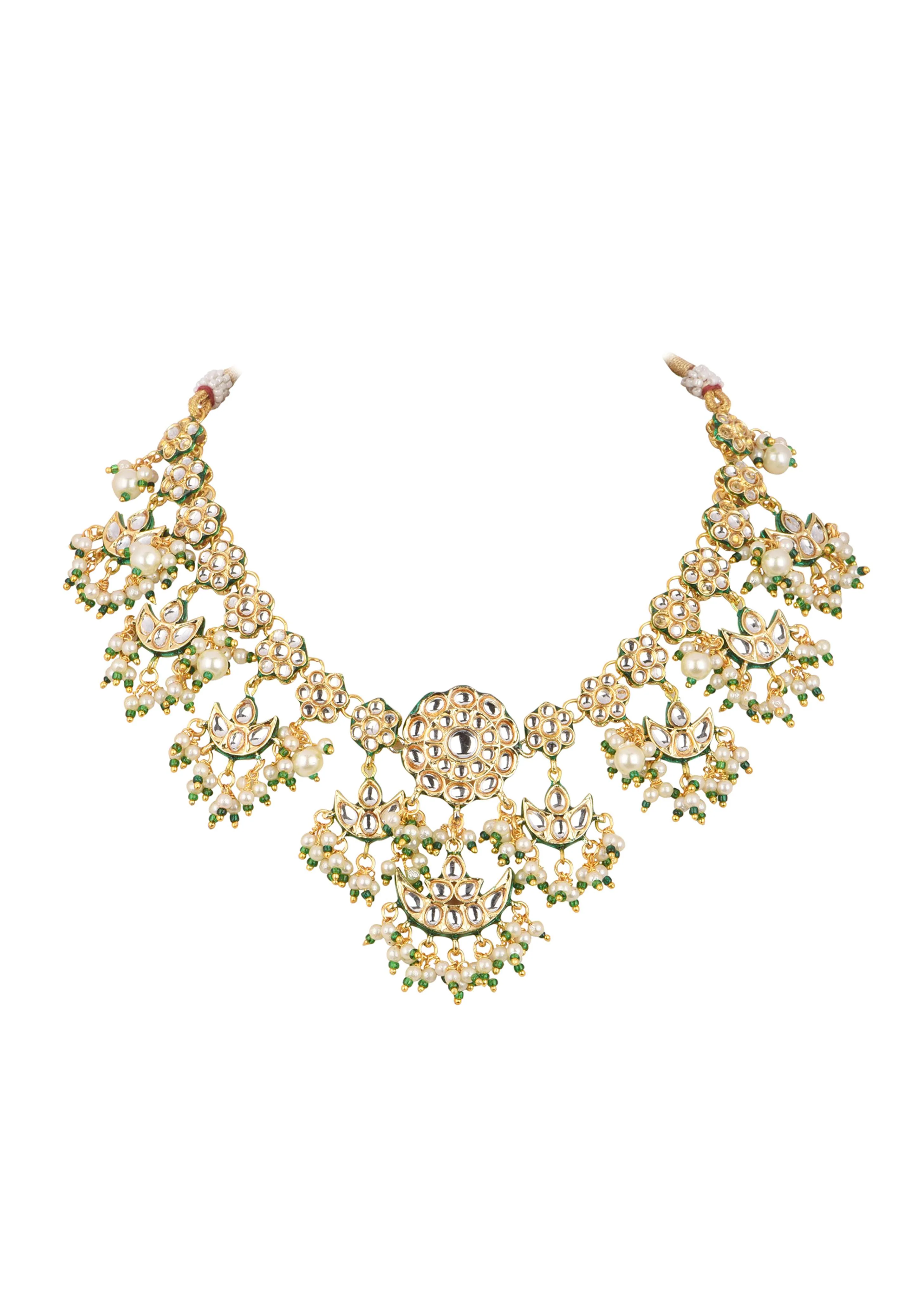 Green Kundan Necklace Set With Chandbalis In Mix Metal - Image 5
