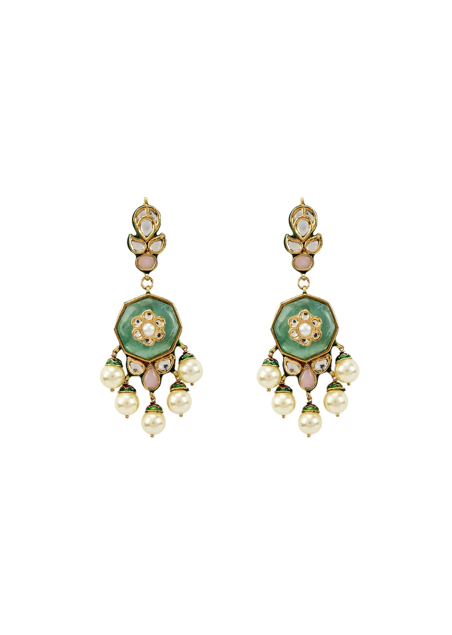 Green Kundan Polki Pearl Drop Earrings - Image 2