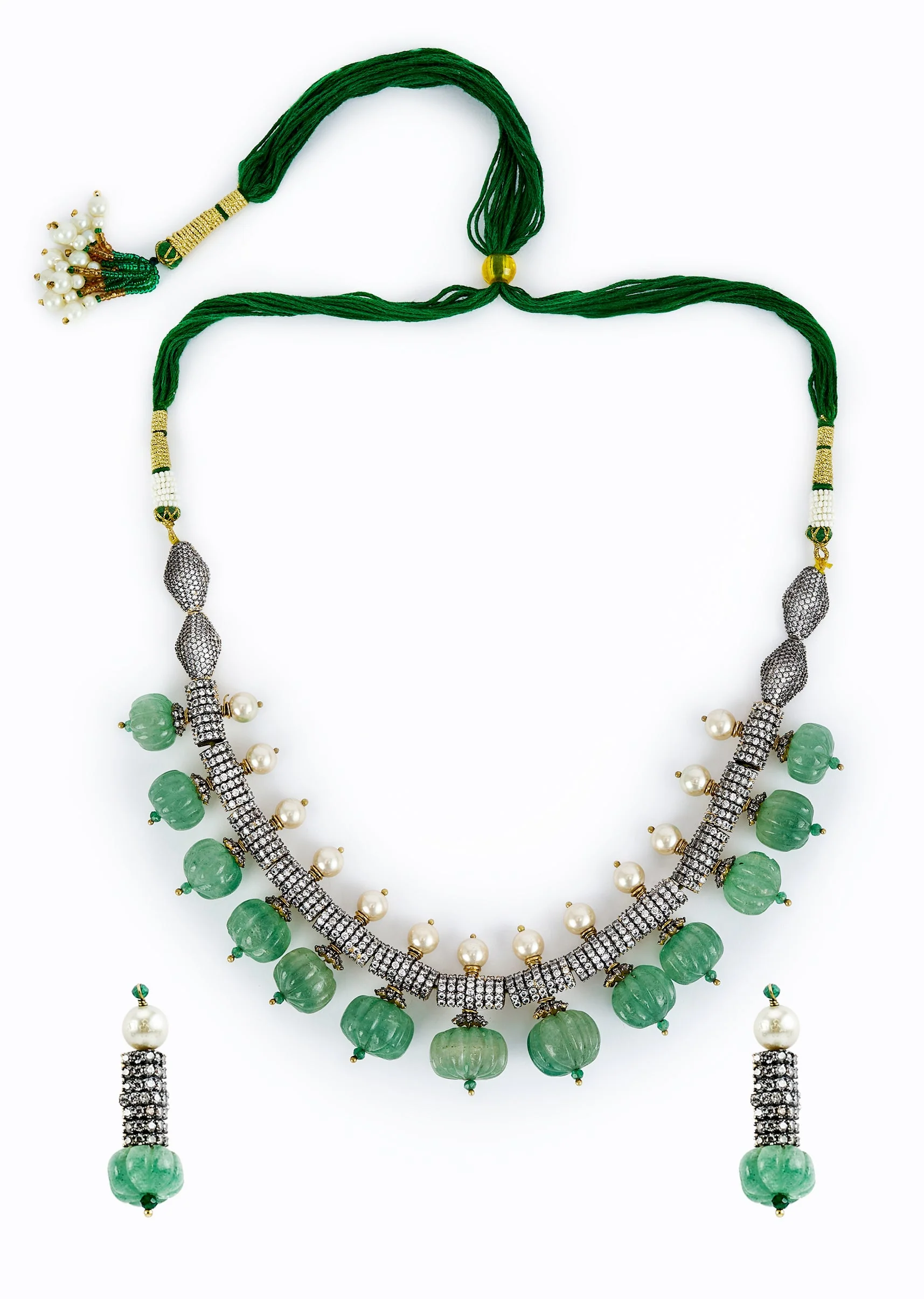 Green Kundan Polki Short Necklace Set With Earrings - Image 2