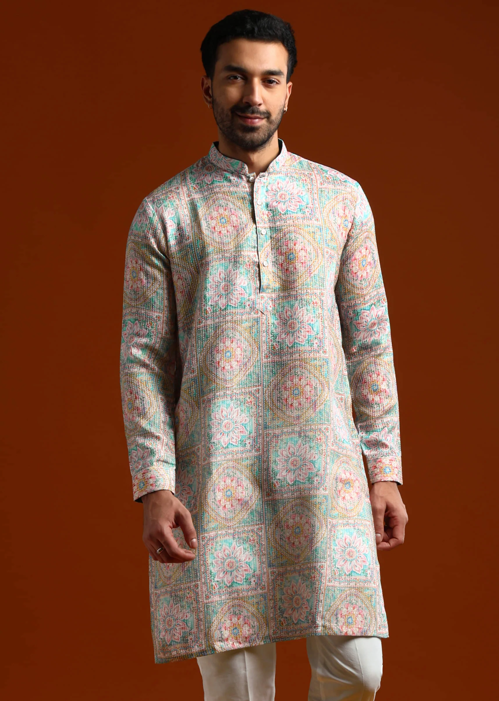 Green Kurta Set For Men With Kantha Work
