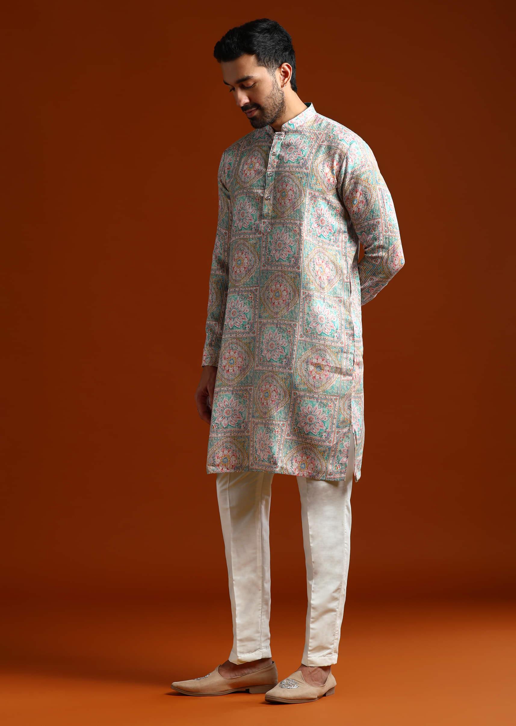Green Kurta Set For Men With Kantha Work - Image 2