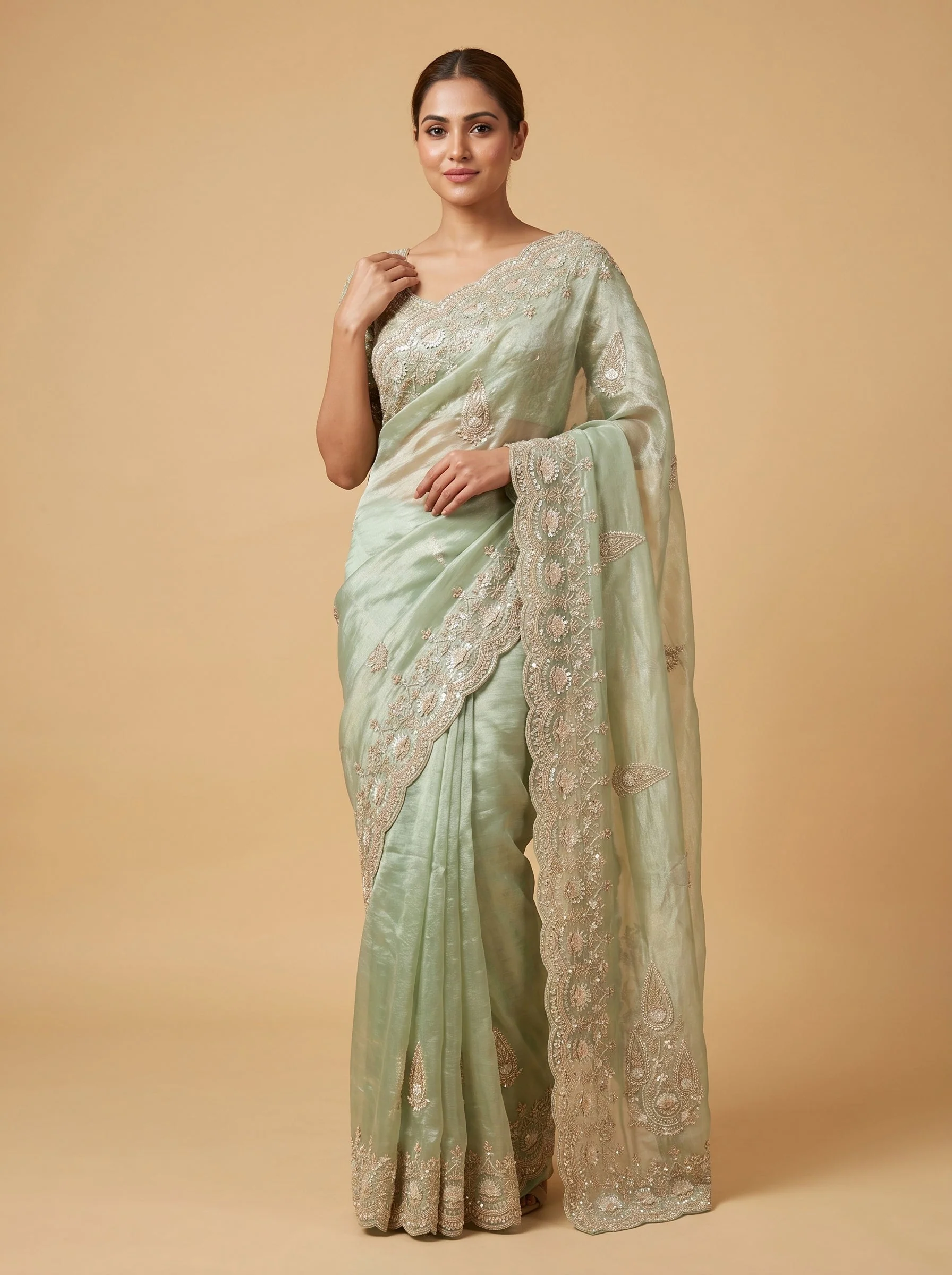 Green Light Flow Embroidered Saree
