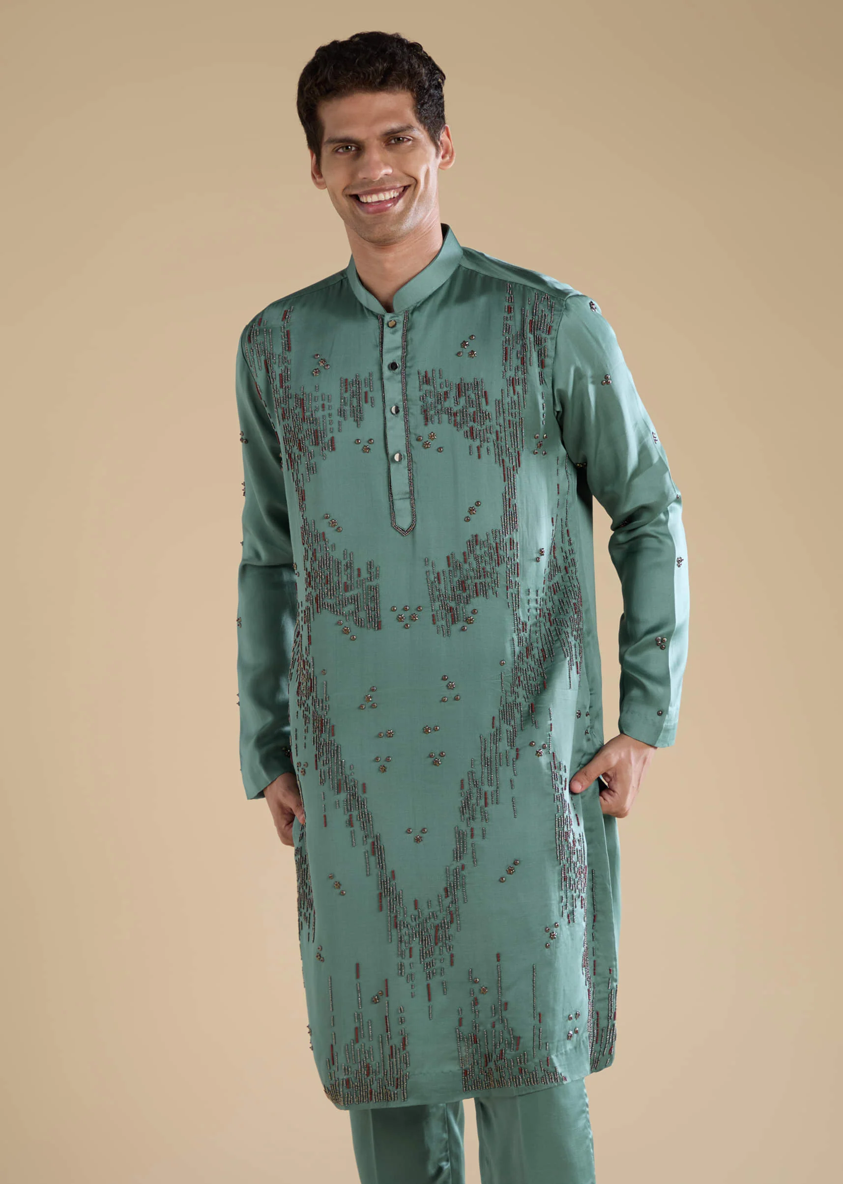 Green Linen Metal Hand Embroidered Kurta Set with Dupatta - Image 6