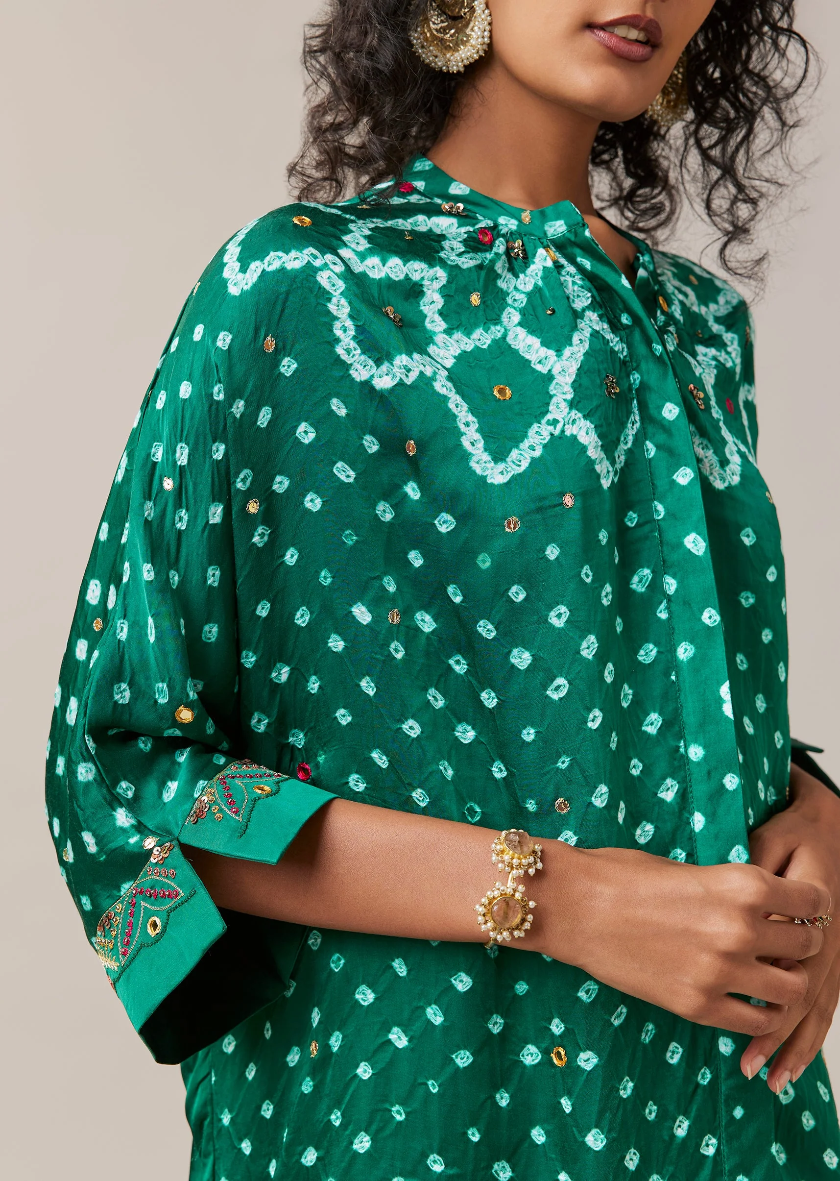 Green Mirror Work Hand Dyed Bandhani and Leheriya Pant Set - Image 2