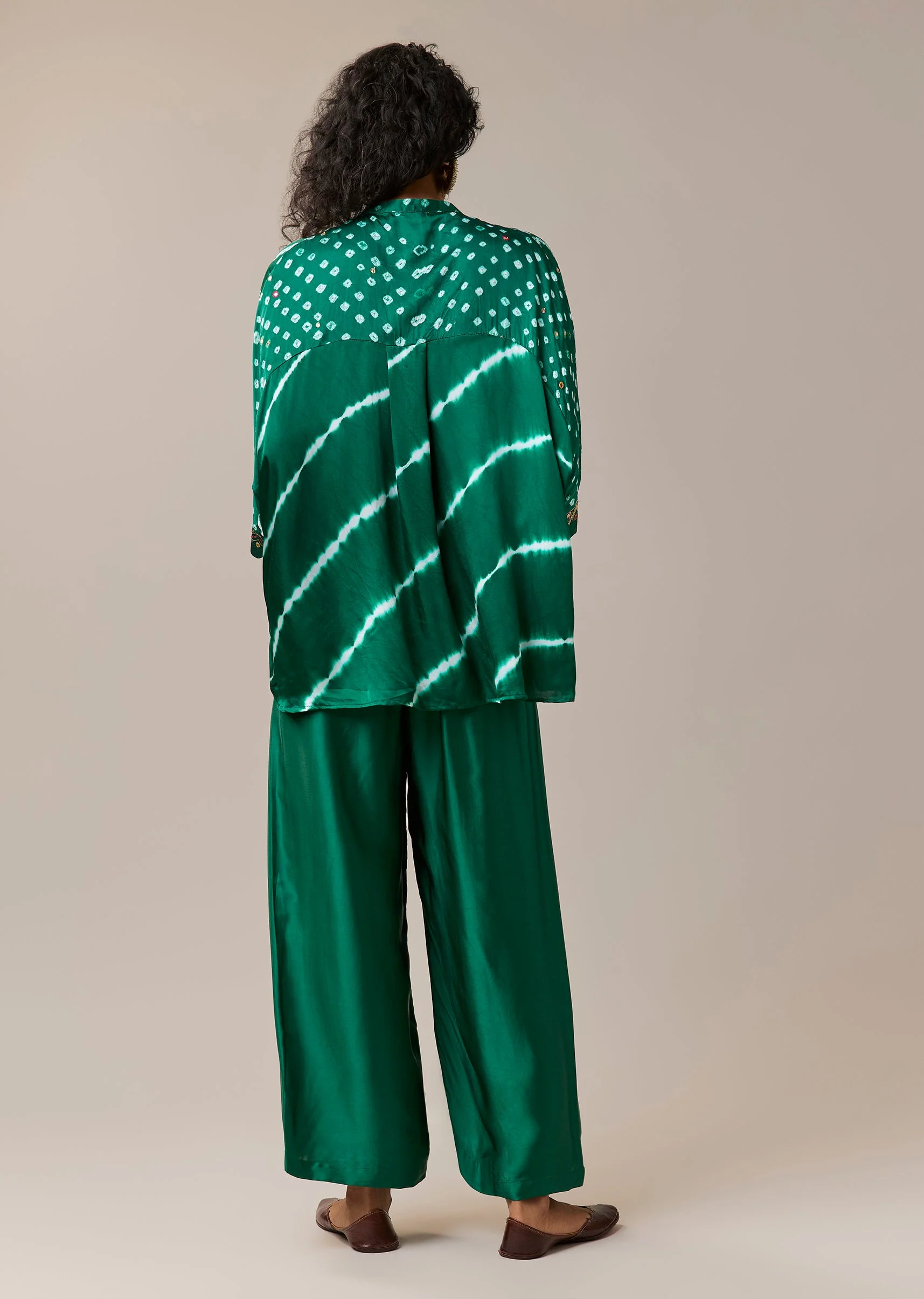 Green Mirror Work Hand Dyed Bandhani and Leheriya Pant Set - Image 5