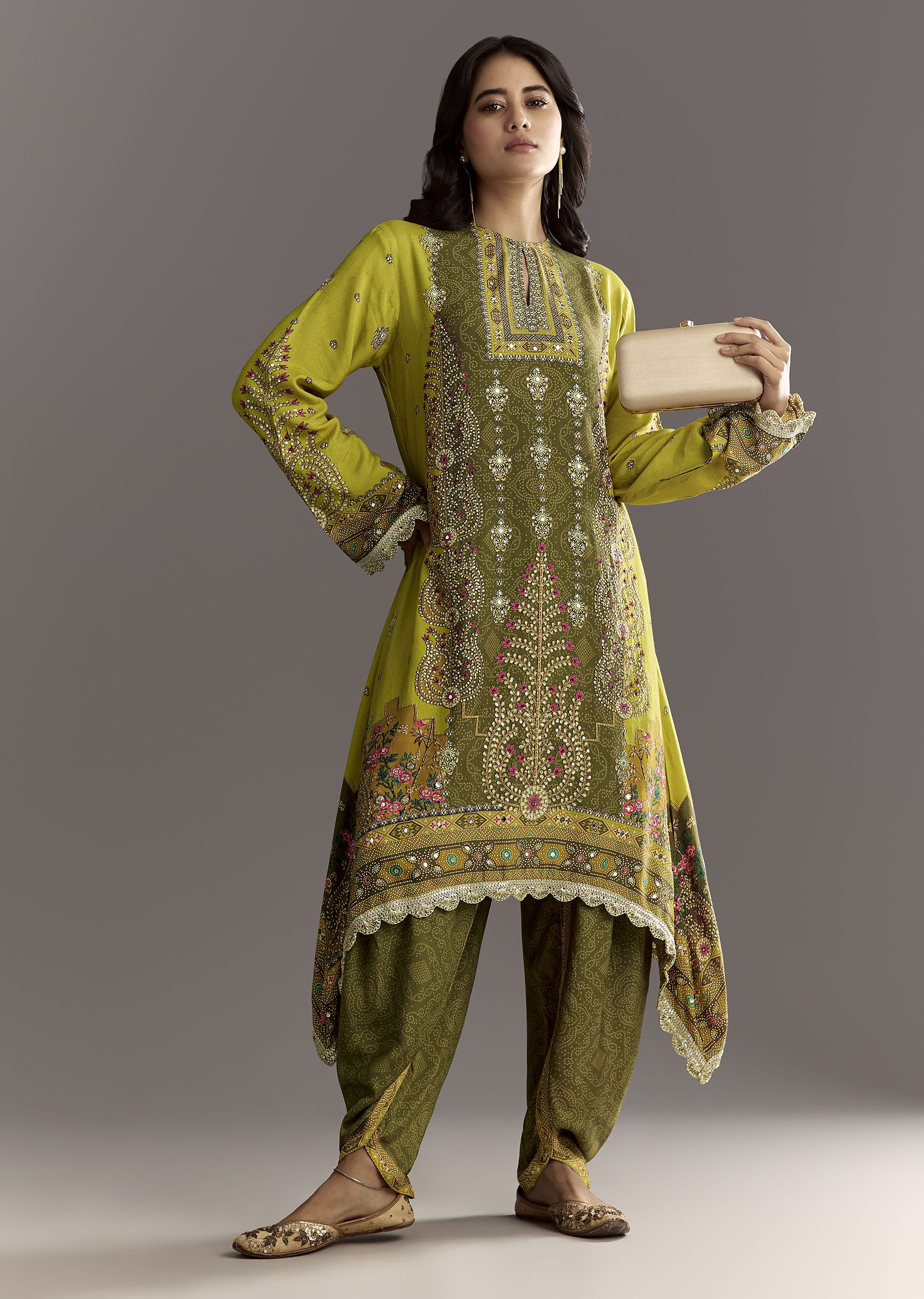 Green Muslin Floral And Bandhani Printed Asymmetrical Cut Kurta Dhoti - Image 3