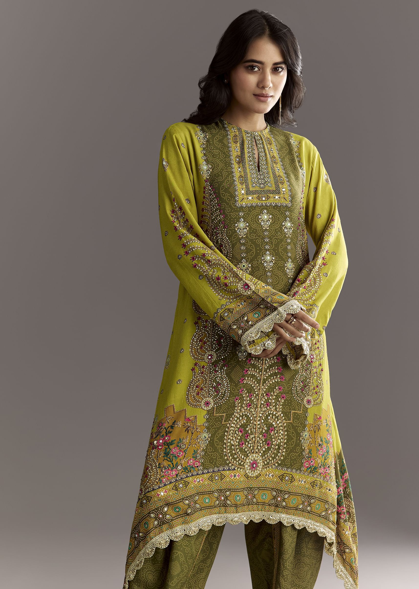 Green Muslin Floral And Bandhani Printed Asymmetrical Cut Kurta Dhoti - Image 4
