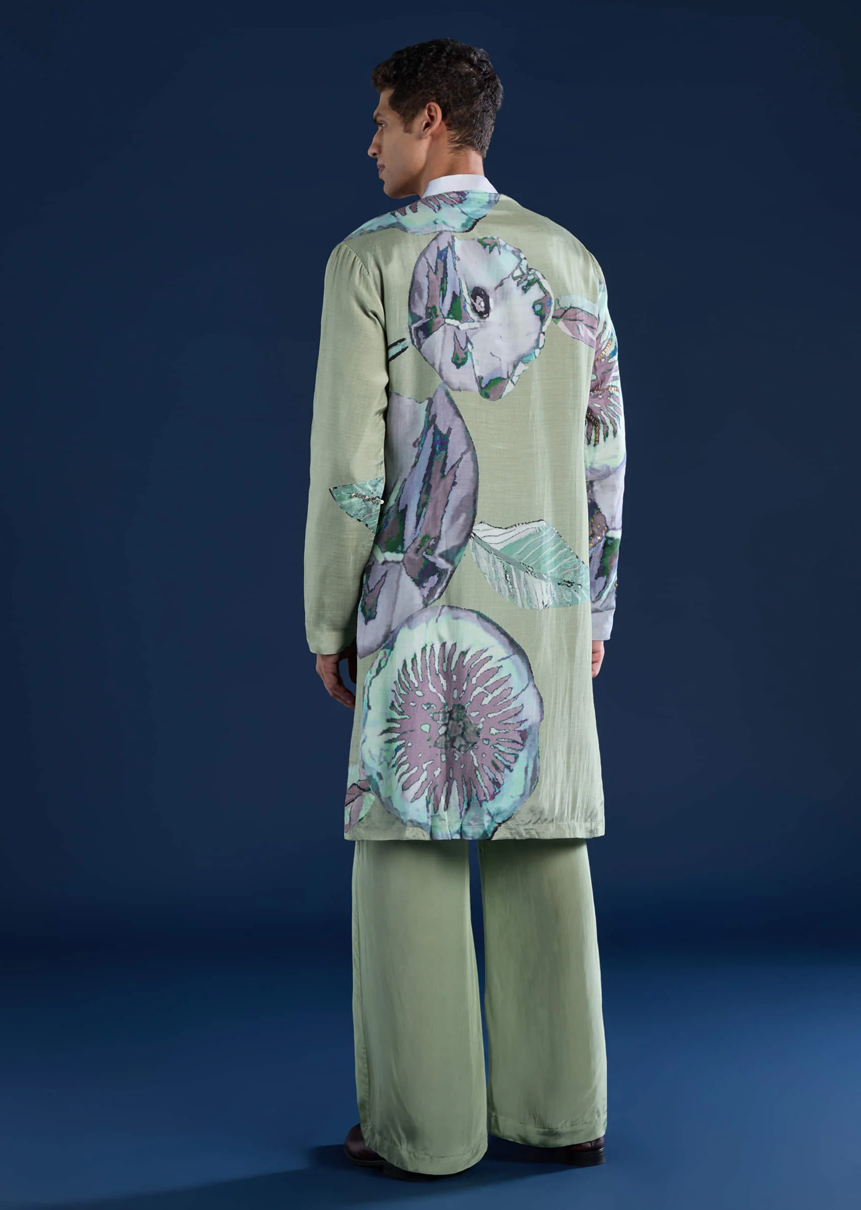 Green Muslin Sequin Work Mens Kurta and Pant Set - Image 5