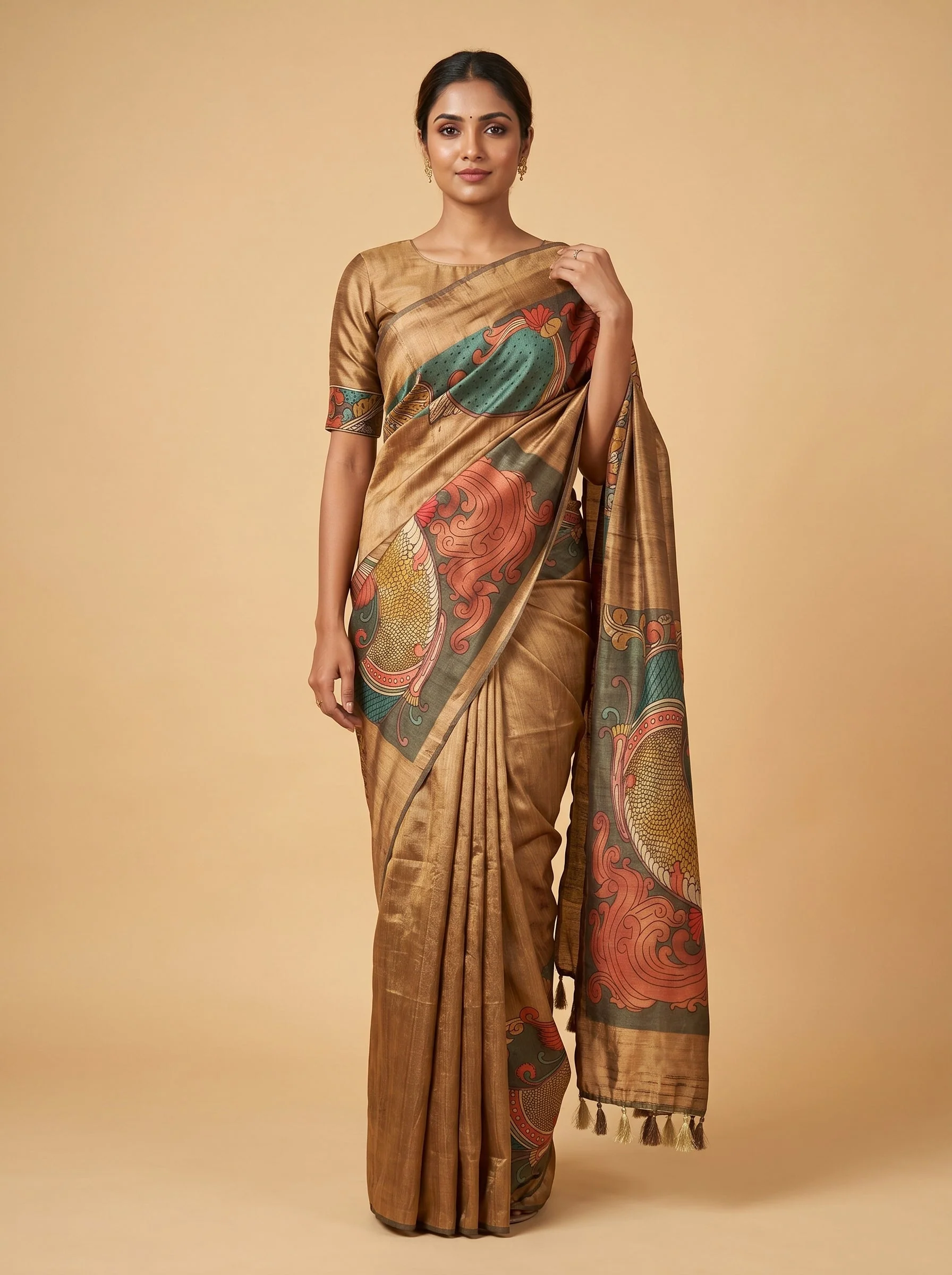 Green Natural Finish Embroidered Saree