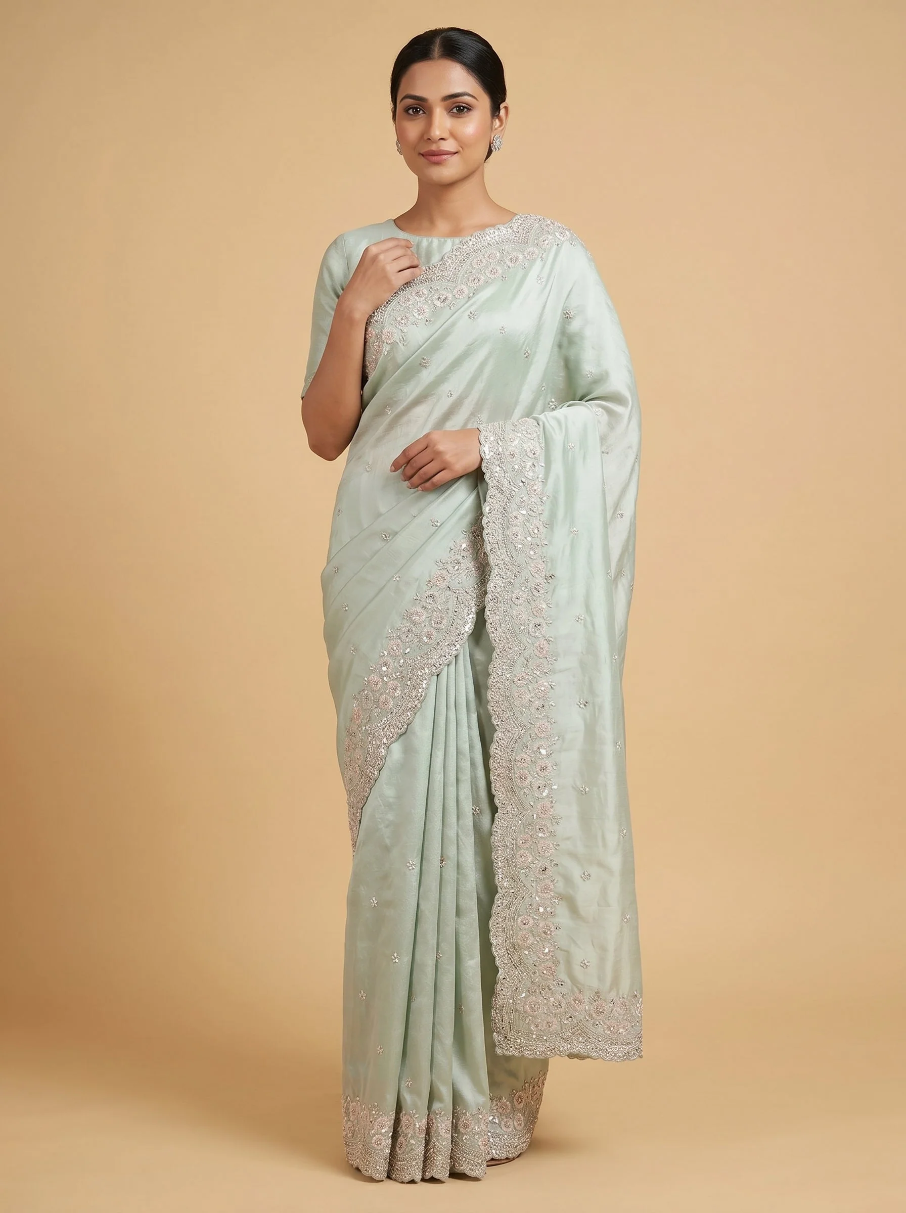 Green Natural Tone Embroidered Saree