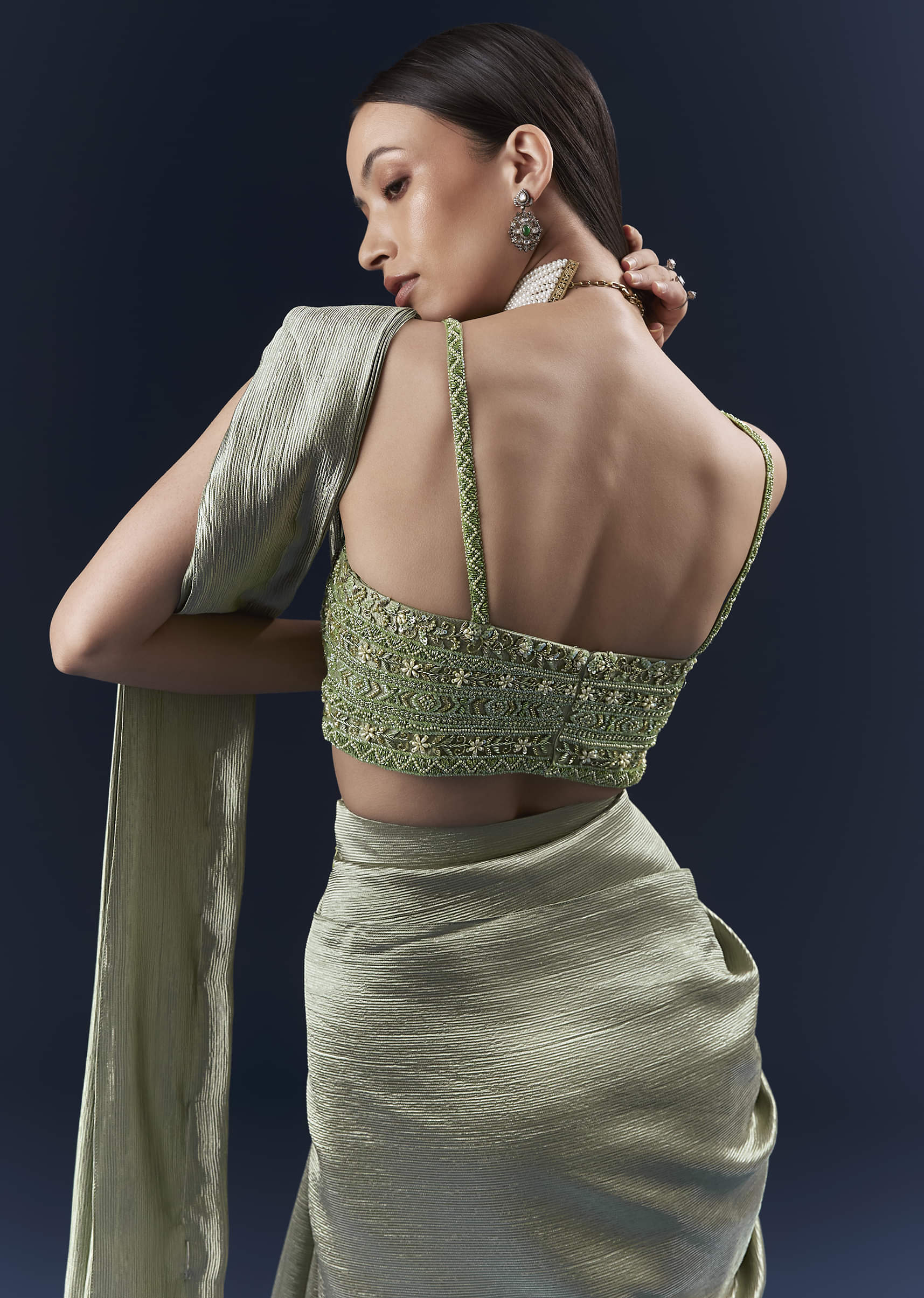 Green Net Ready Pleated Saree With Embroidery - Image 6