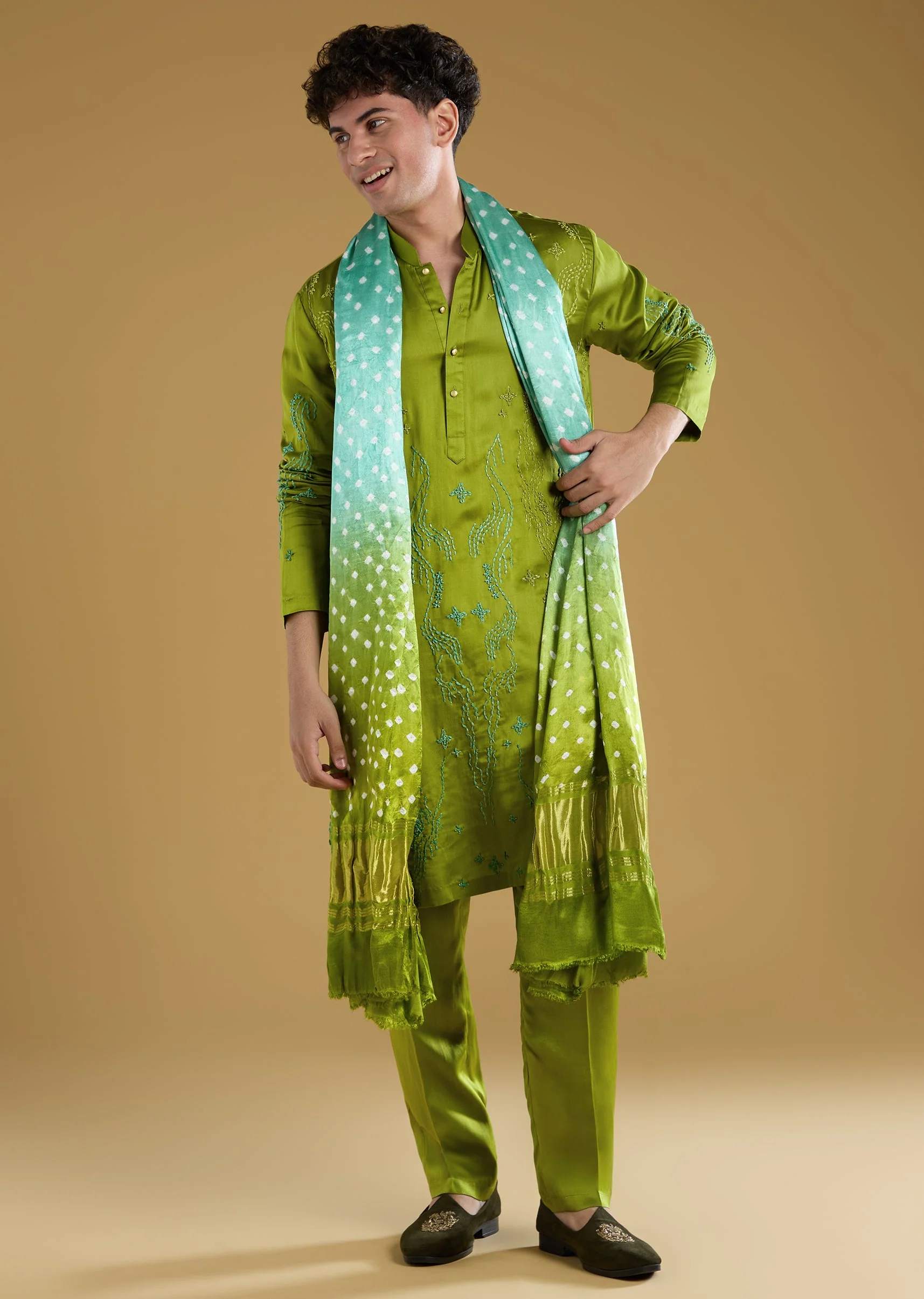 Green Ombre Hand Dyed Bandhani Silk Dupatta