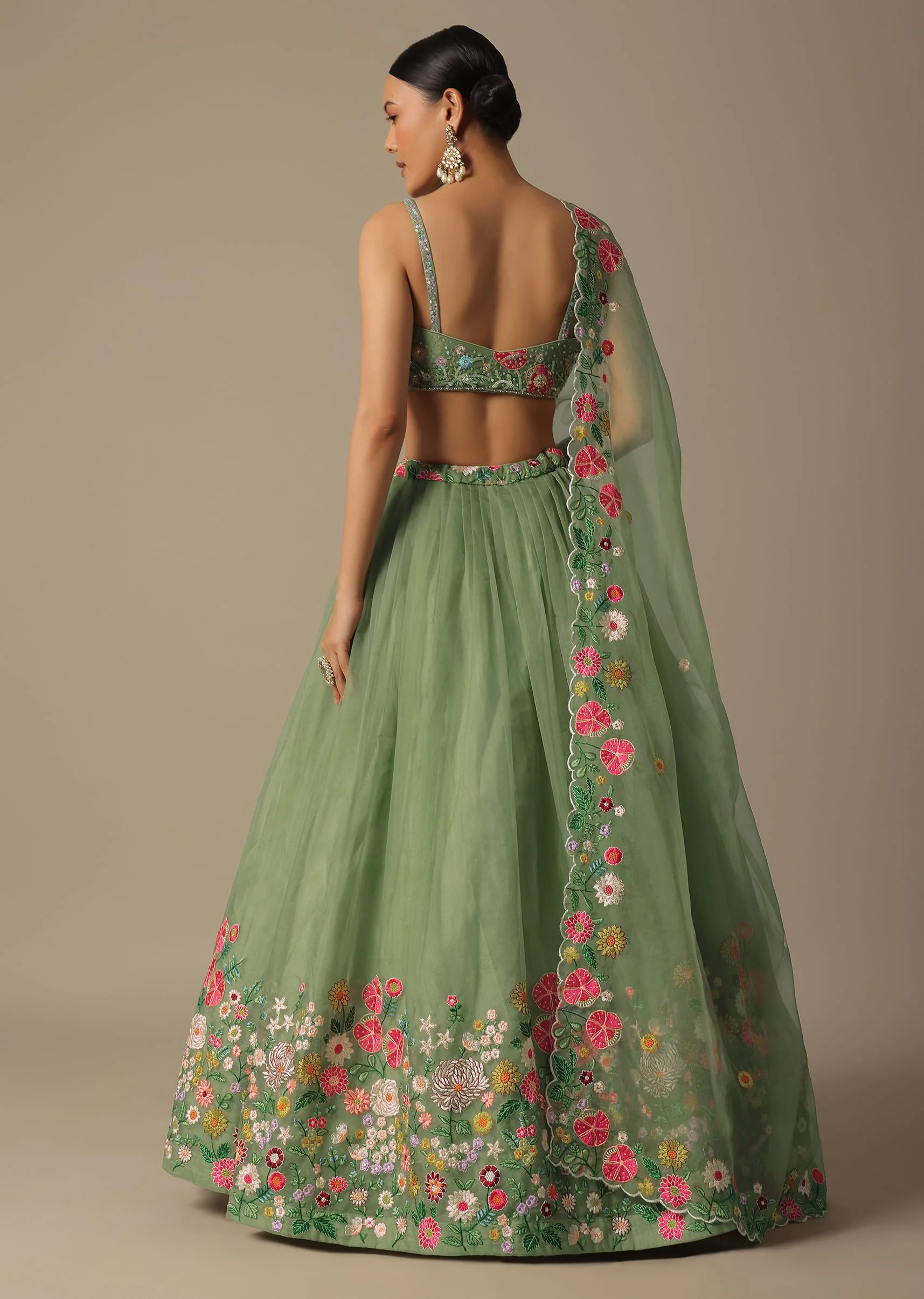 Green Organza Embroidered Lehenga Set With Floral Motifs - Image 5