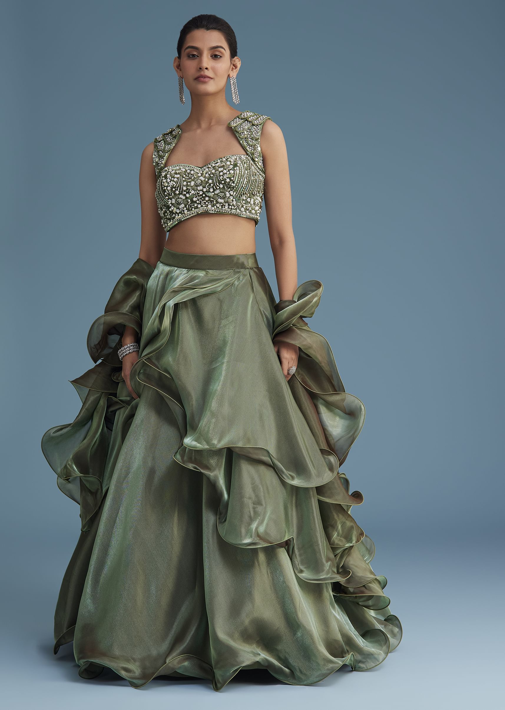 Green Organza Ruffle Lehenga Set With Embellished Blouse - Image 3
