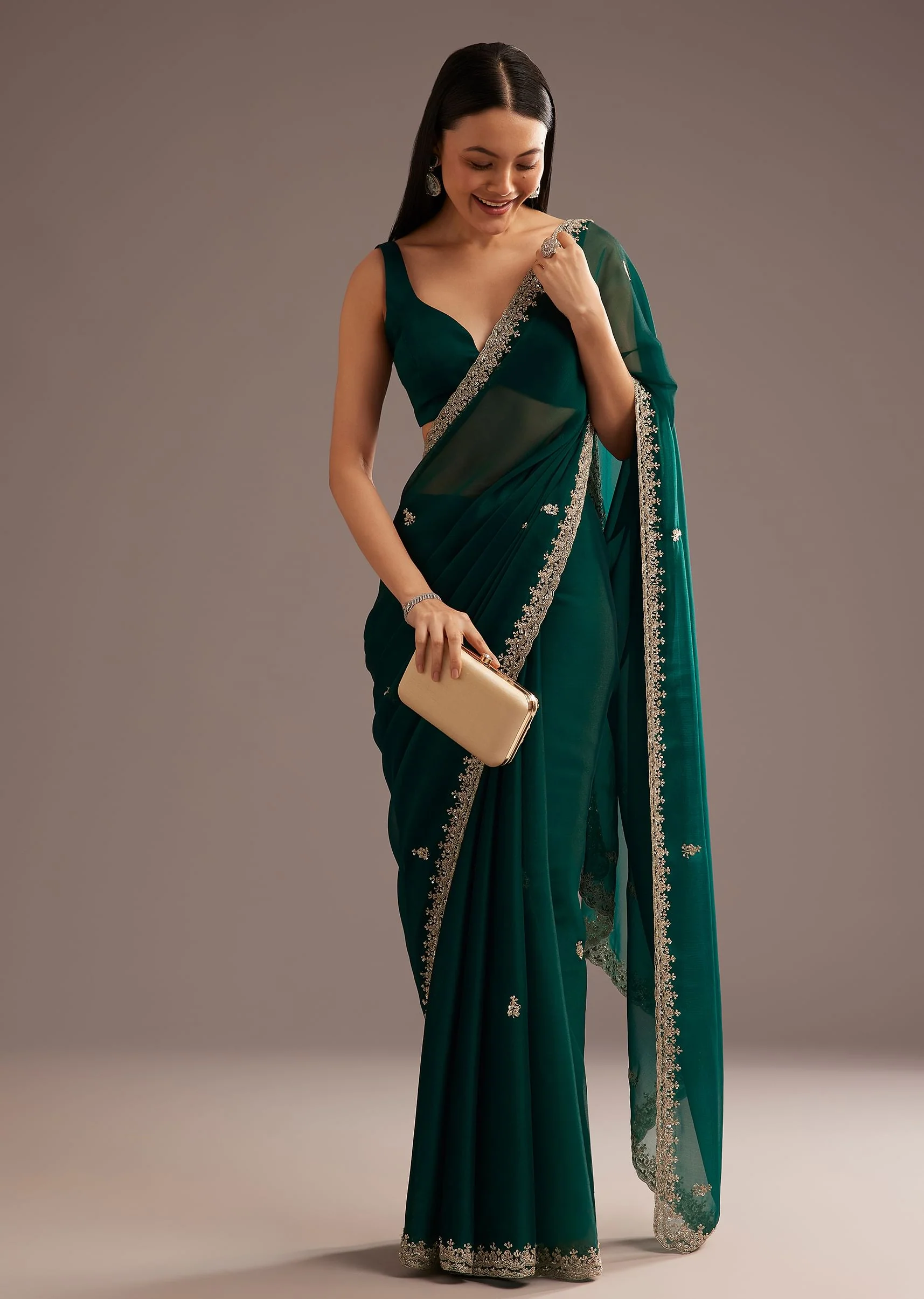 Green Organza Saree With Cutdana And Sequins Border - Image 2