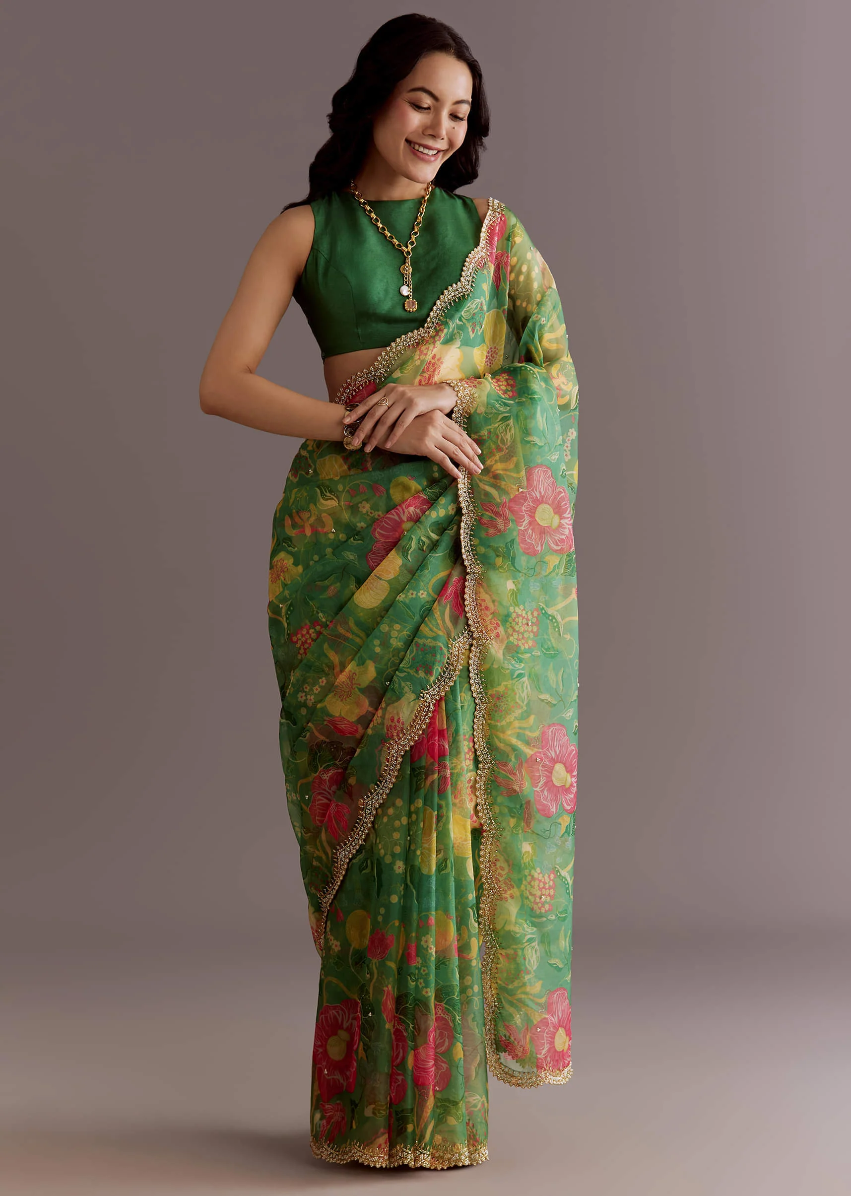 Green Organza Saree With Floral Print And Embellished Border - Image 2