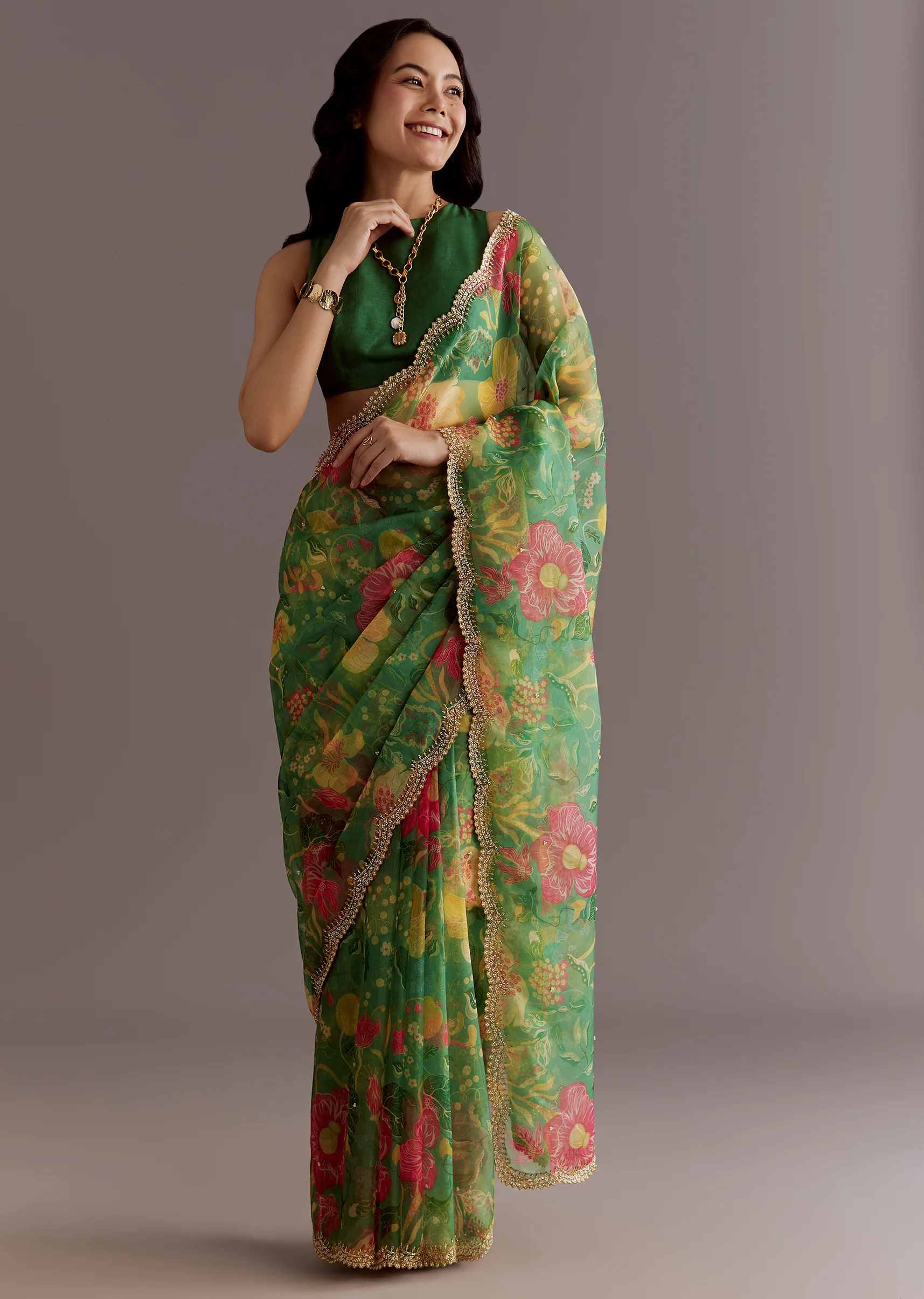 Green Organza Saree With Floral Print And Embellished Border - Image 5