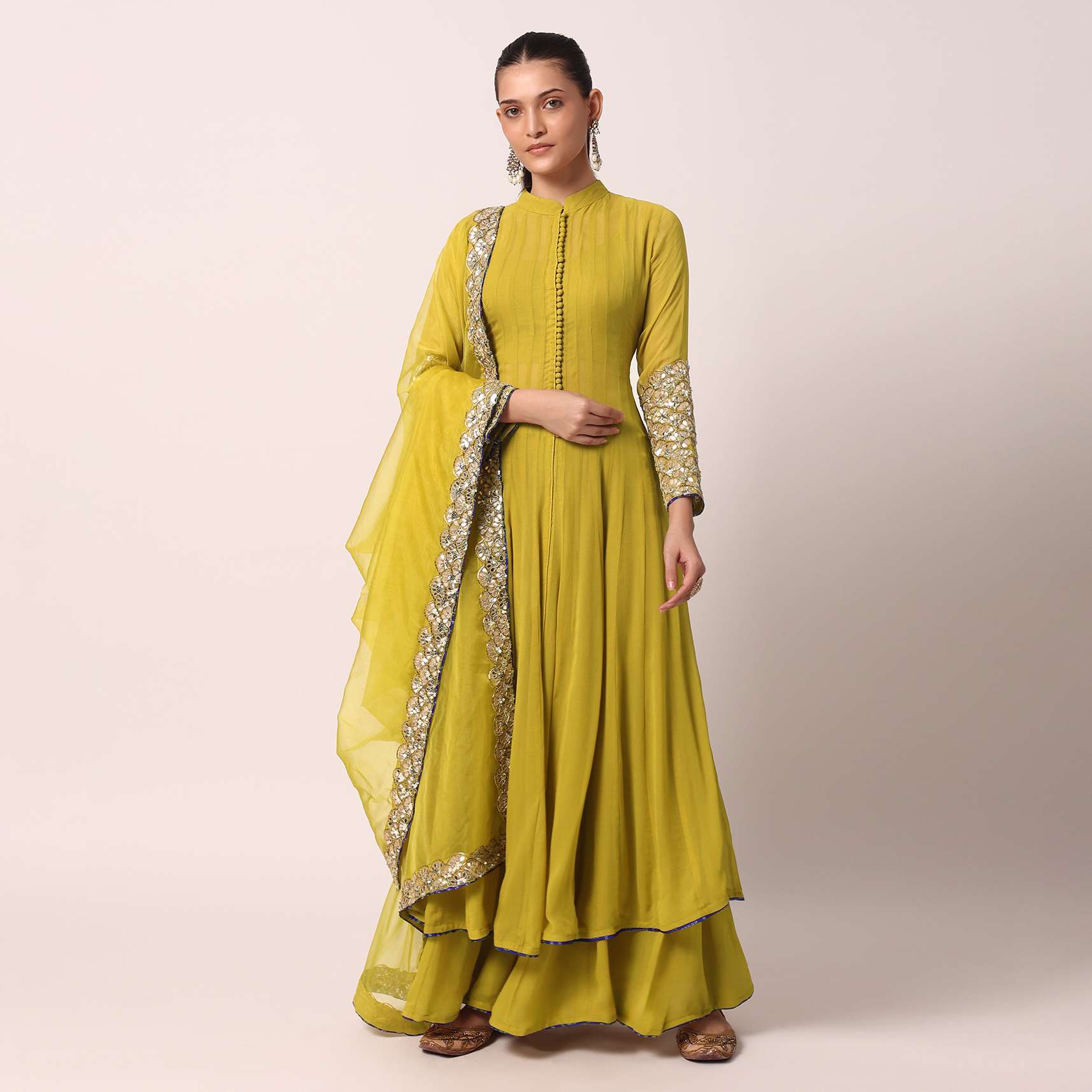 Green Palazzo Set With Embroidered Anarkali - Image 7