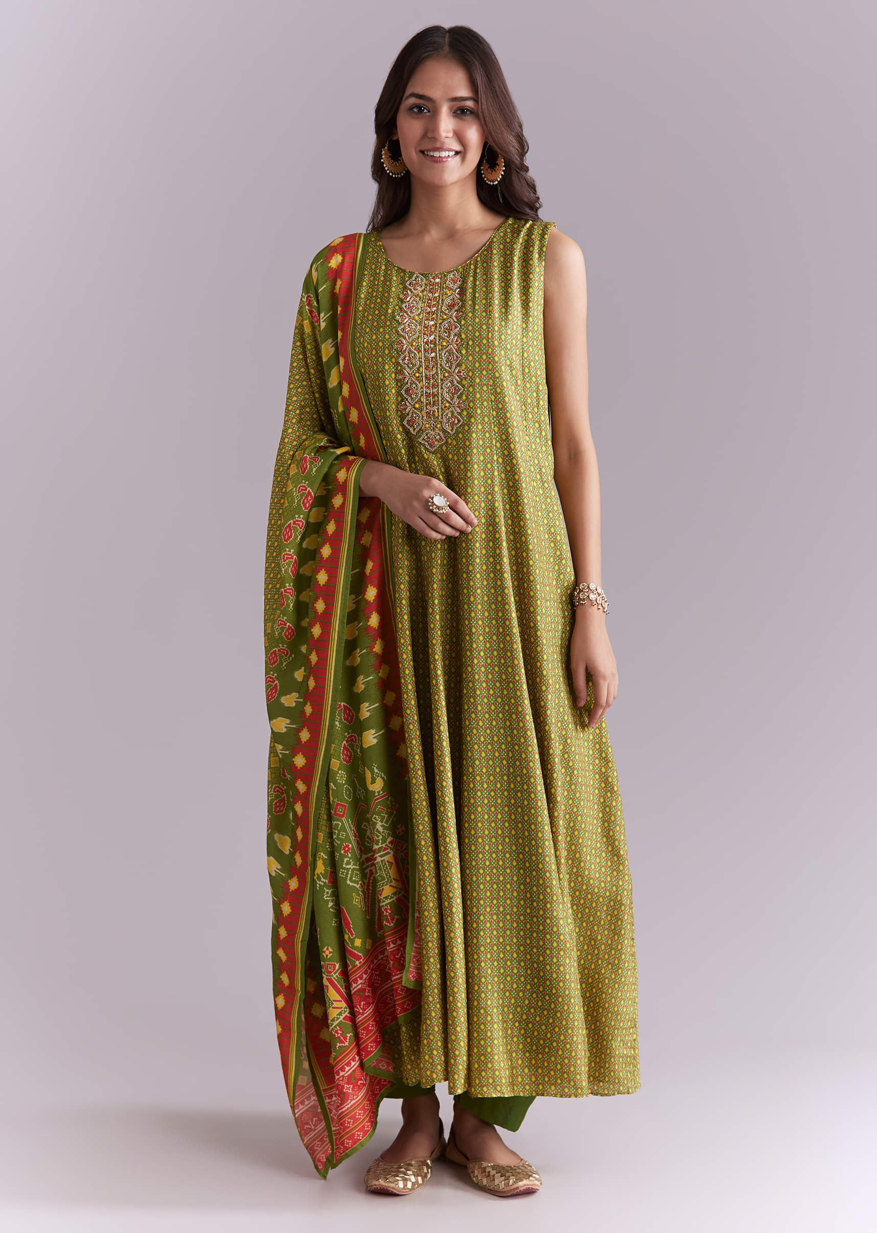 Green Patola Style Printed Anarkali Suit Set