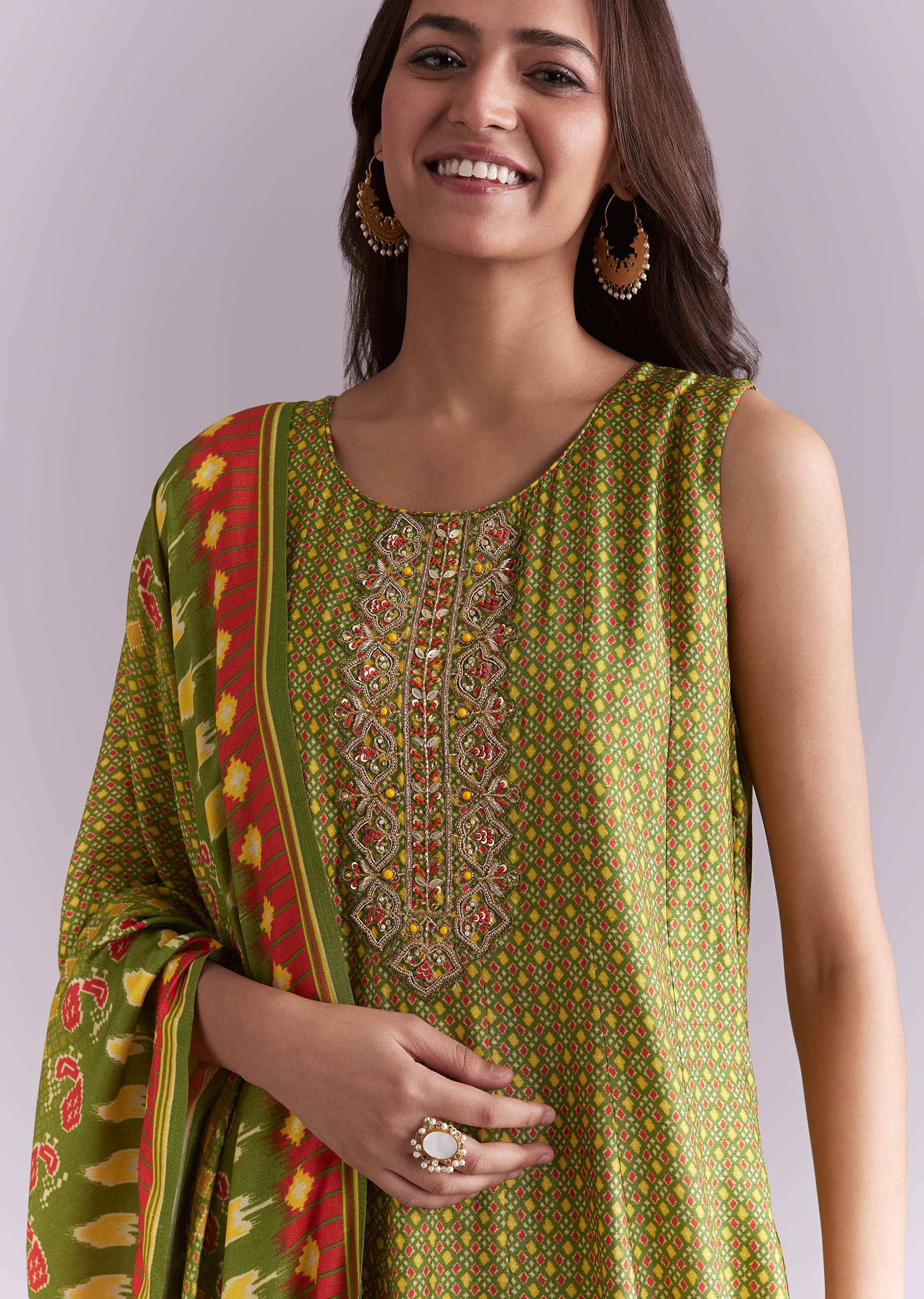 Green Patola Style Printed Anarkali Suit Set - Image 2