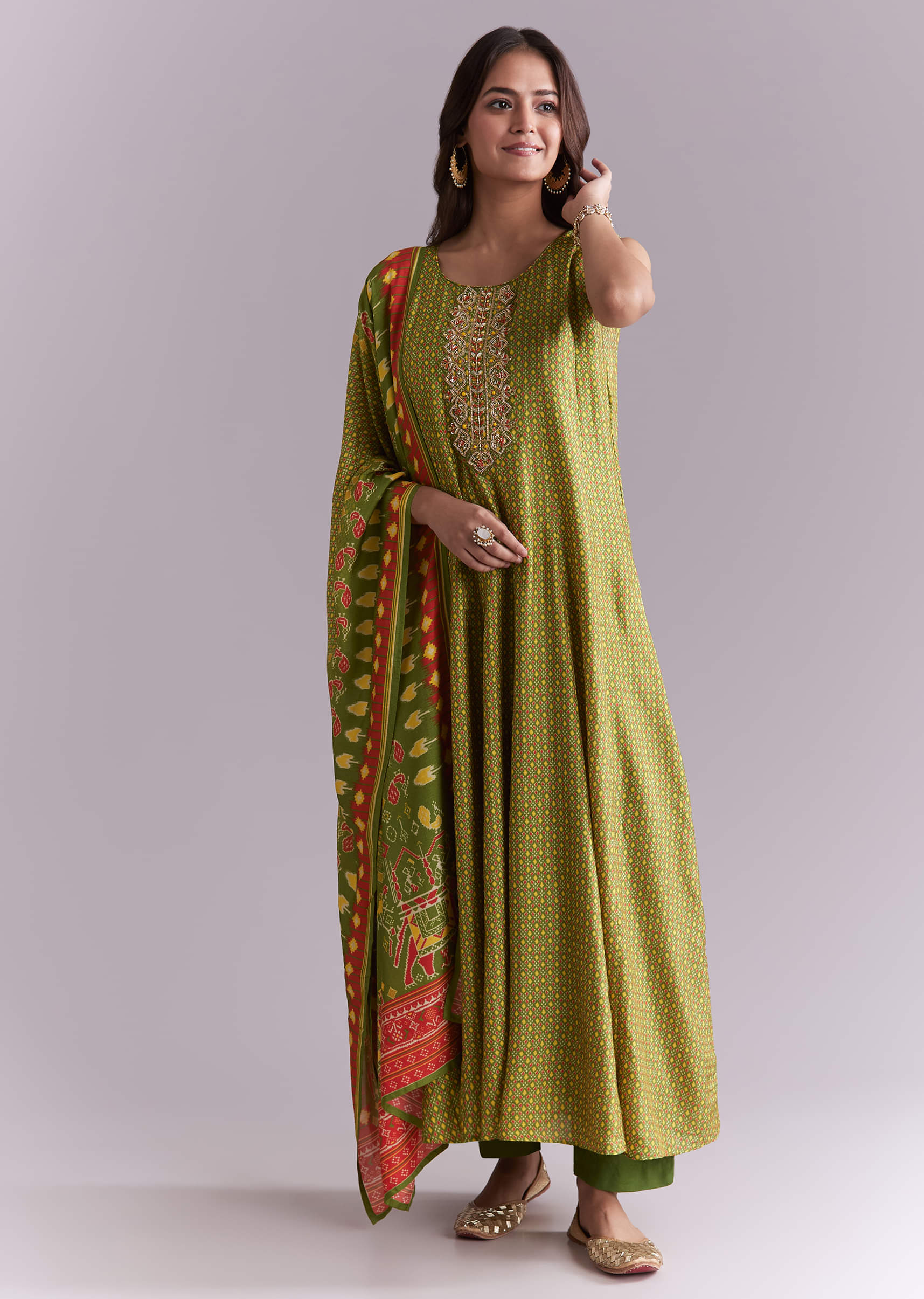 Green Patola Style Printed Anarkali Suit Set - Image 3