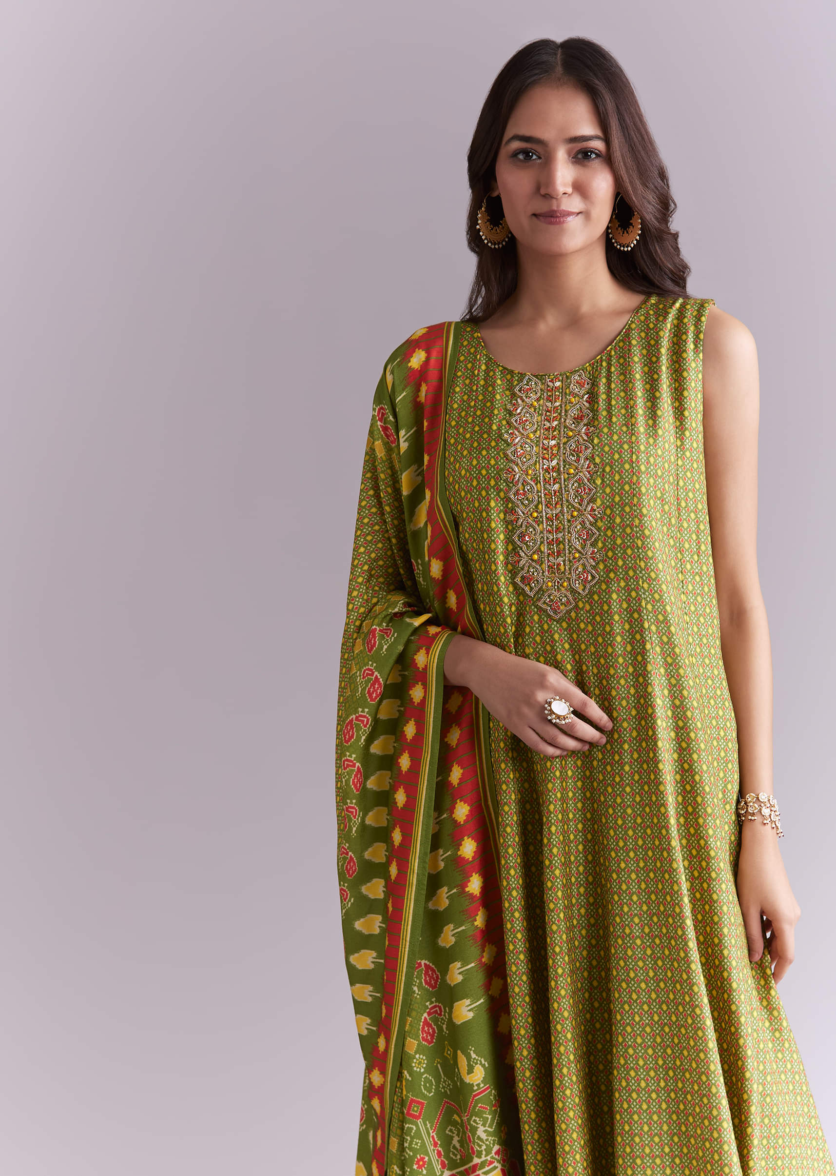 Green Patola Style Printed Anarkali Suit Set - Image 4