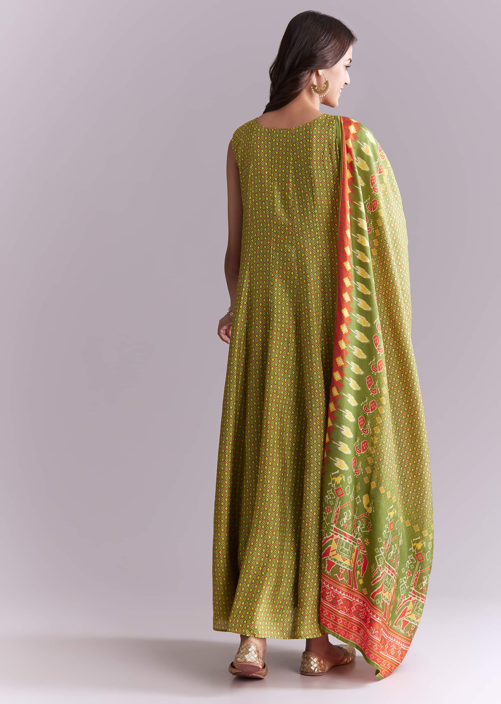 Green Patola Style Printed Anarkali Suit Set - Image 5