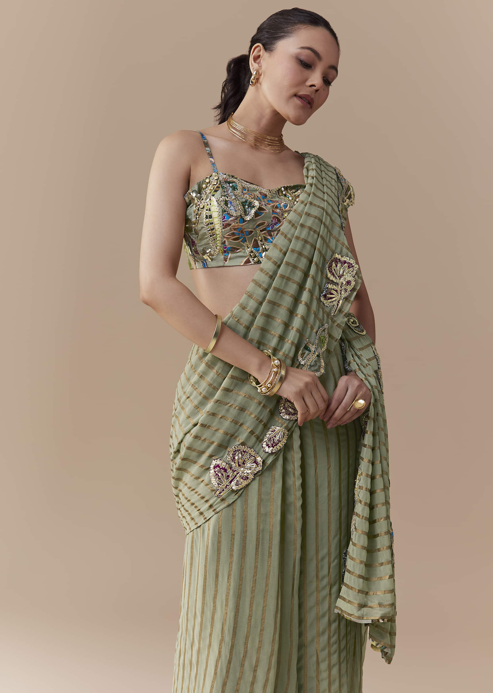 Green Pre Pleated Printed Saree with Gota Blouse - Image 4