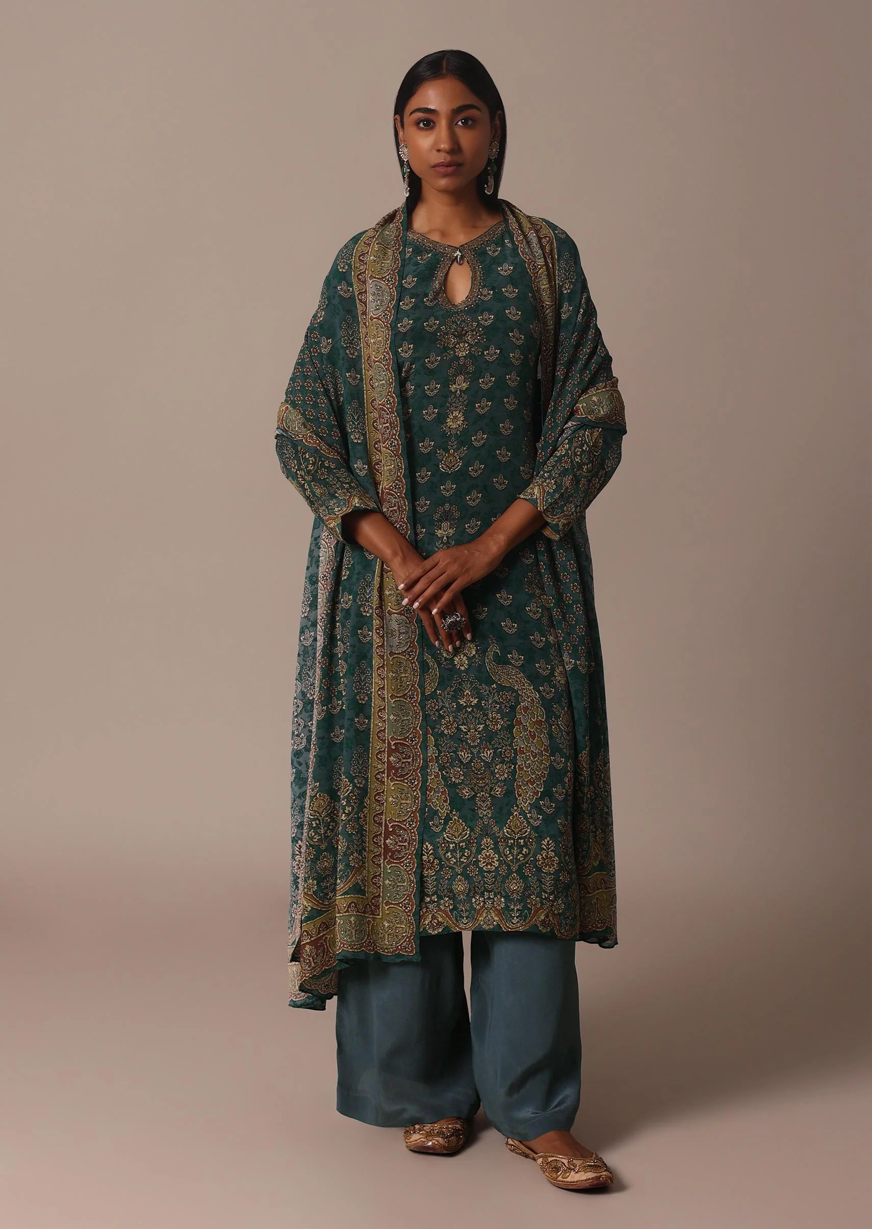 Green Printed Crepe With Stone Work Kurta Palazzo Set - Image 3