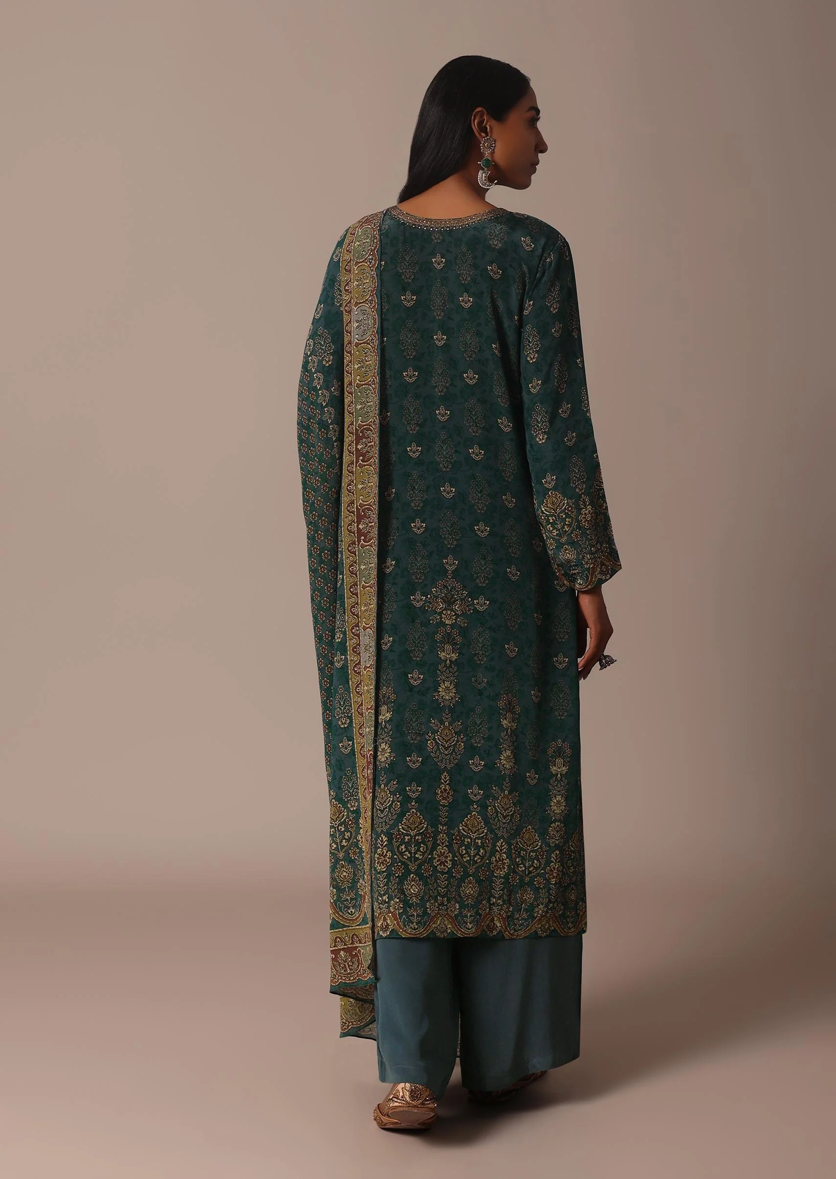 Green Printed Crepe With Stone Work Kurta Palazzo Set - Image 5