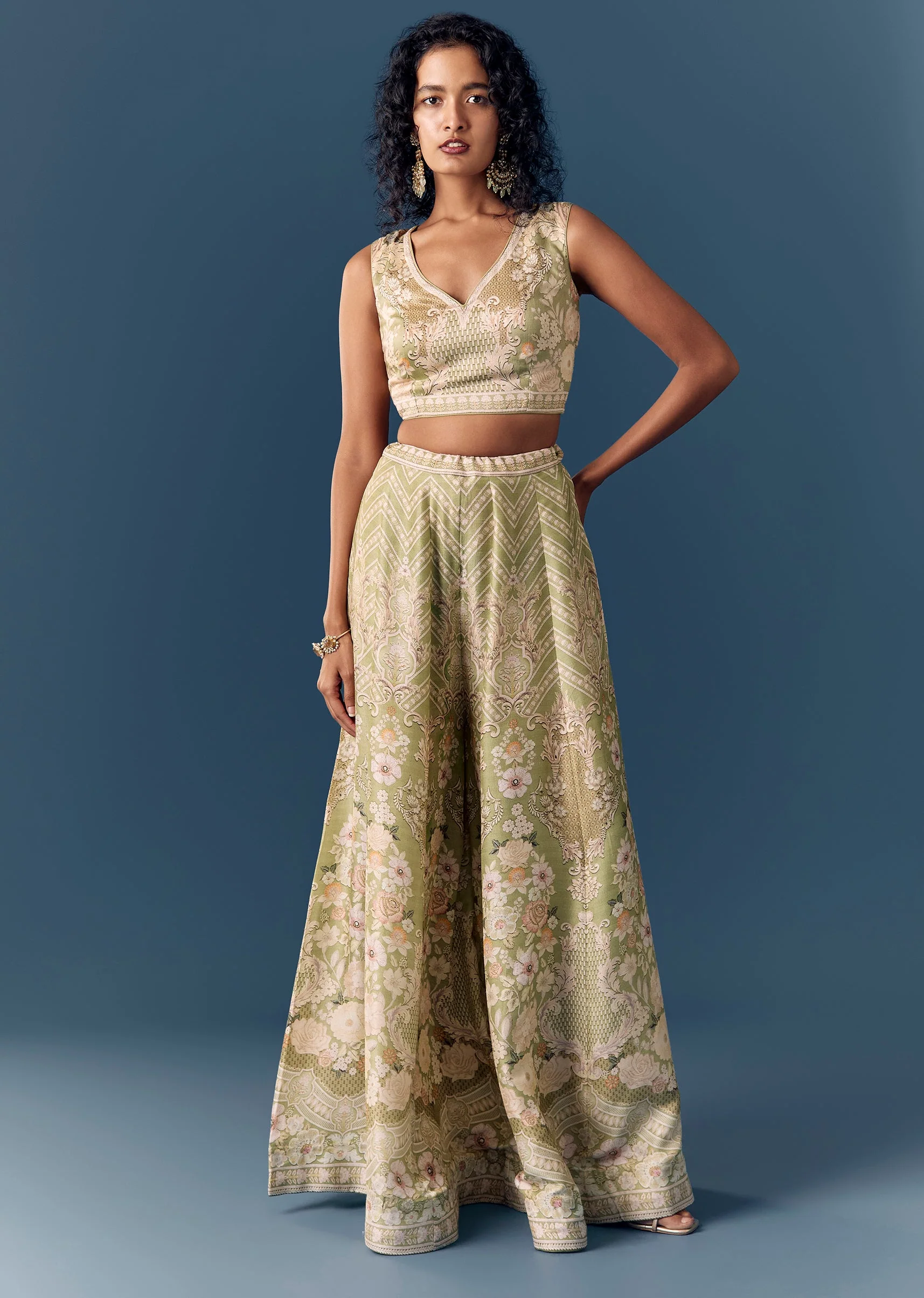 Green Printed Jacket Palazzo Set - Image 6