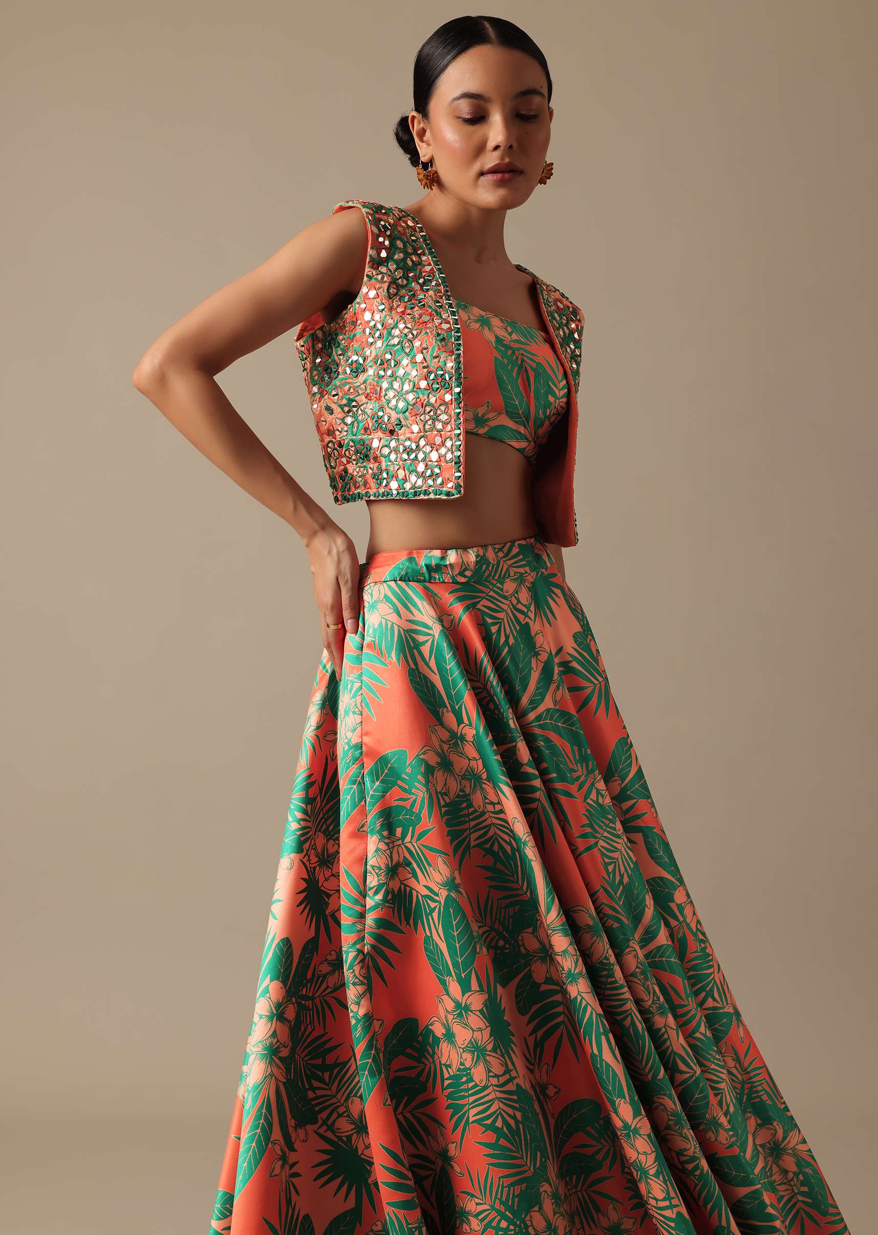 Green Printed Lehenga Set With Mirror Embellished Jacket - Image 2