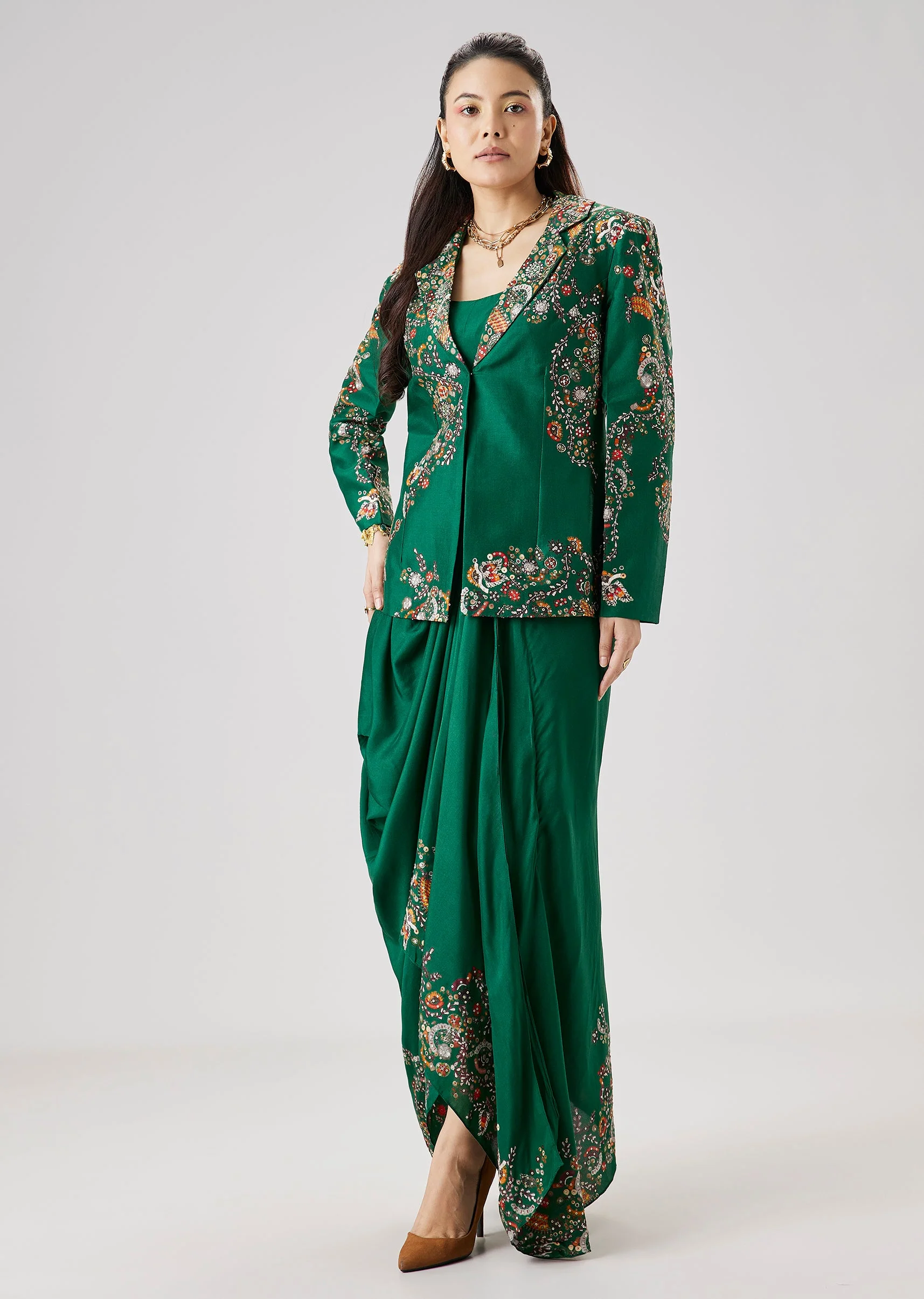 Green Printed Silk Crop Top And Skirt Set With Embellished Jacket - Image 3