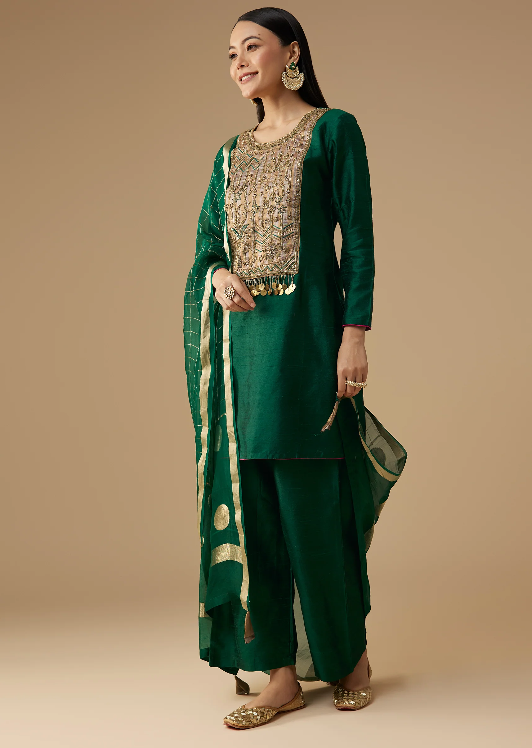 Green Pure Raw Silk Zardozi Embellished Kurta Set - Image 3