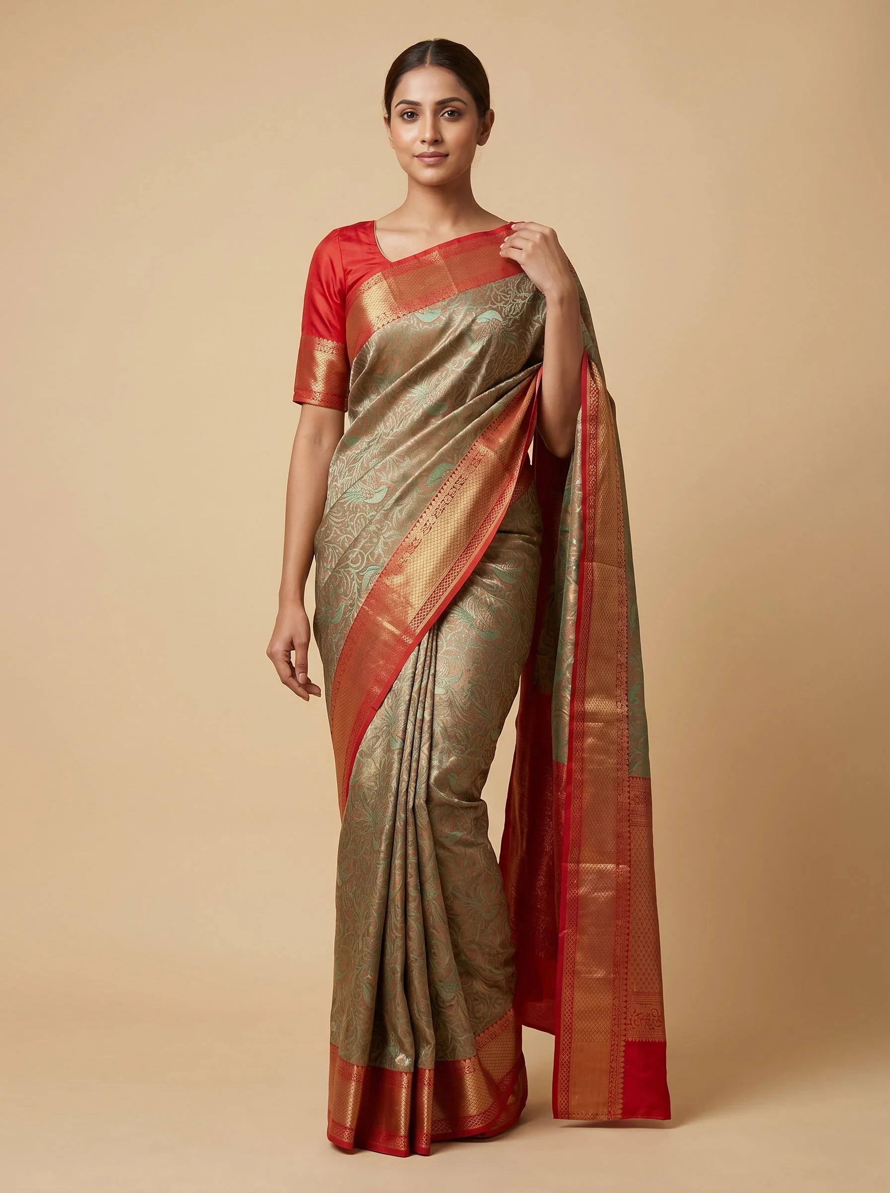 Green Red Fusion Handloom Saree
