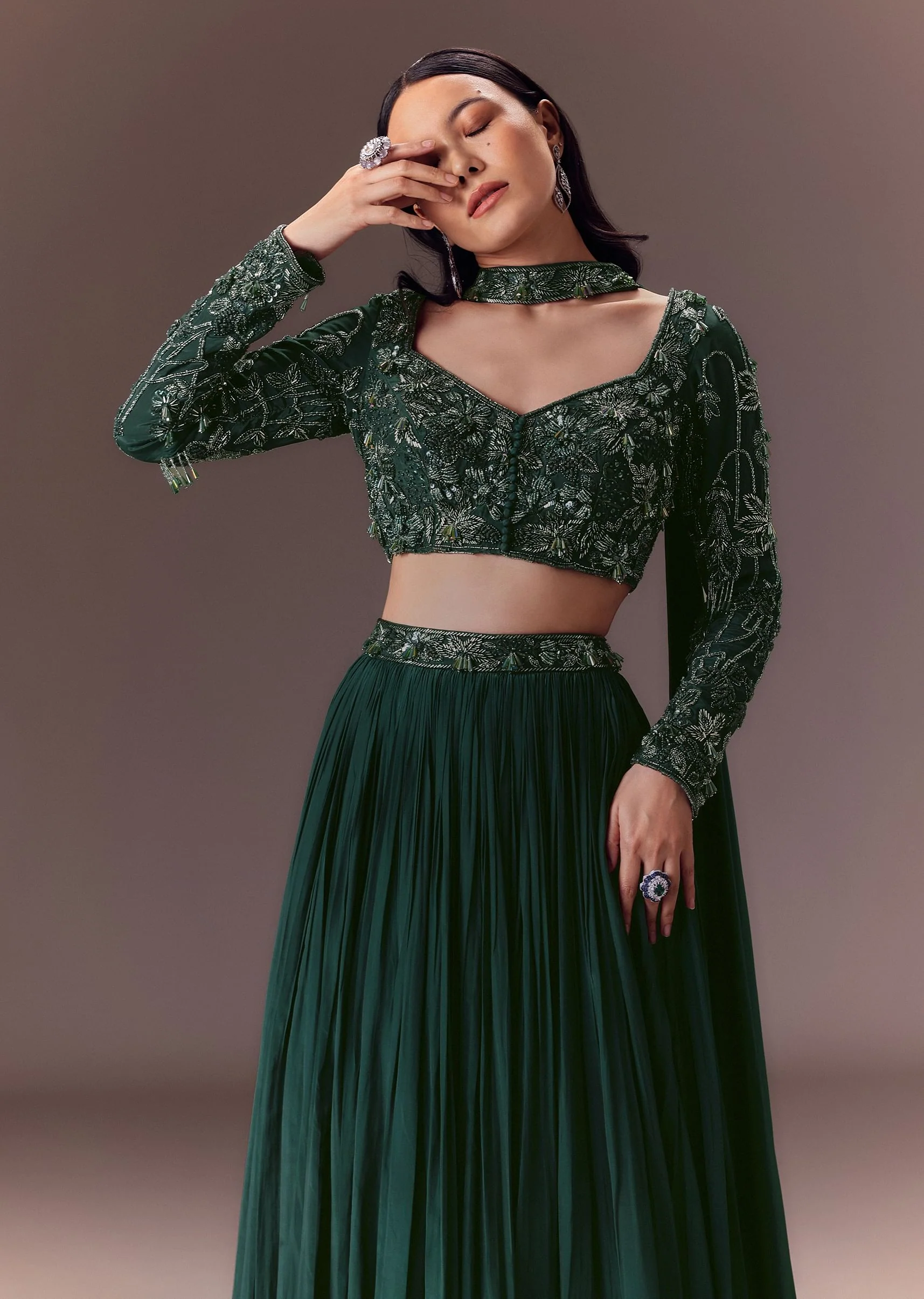 Green Ruched Frill Lehenga Set With Choker Dupatta - Image 4