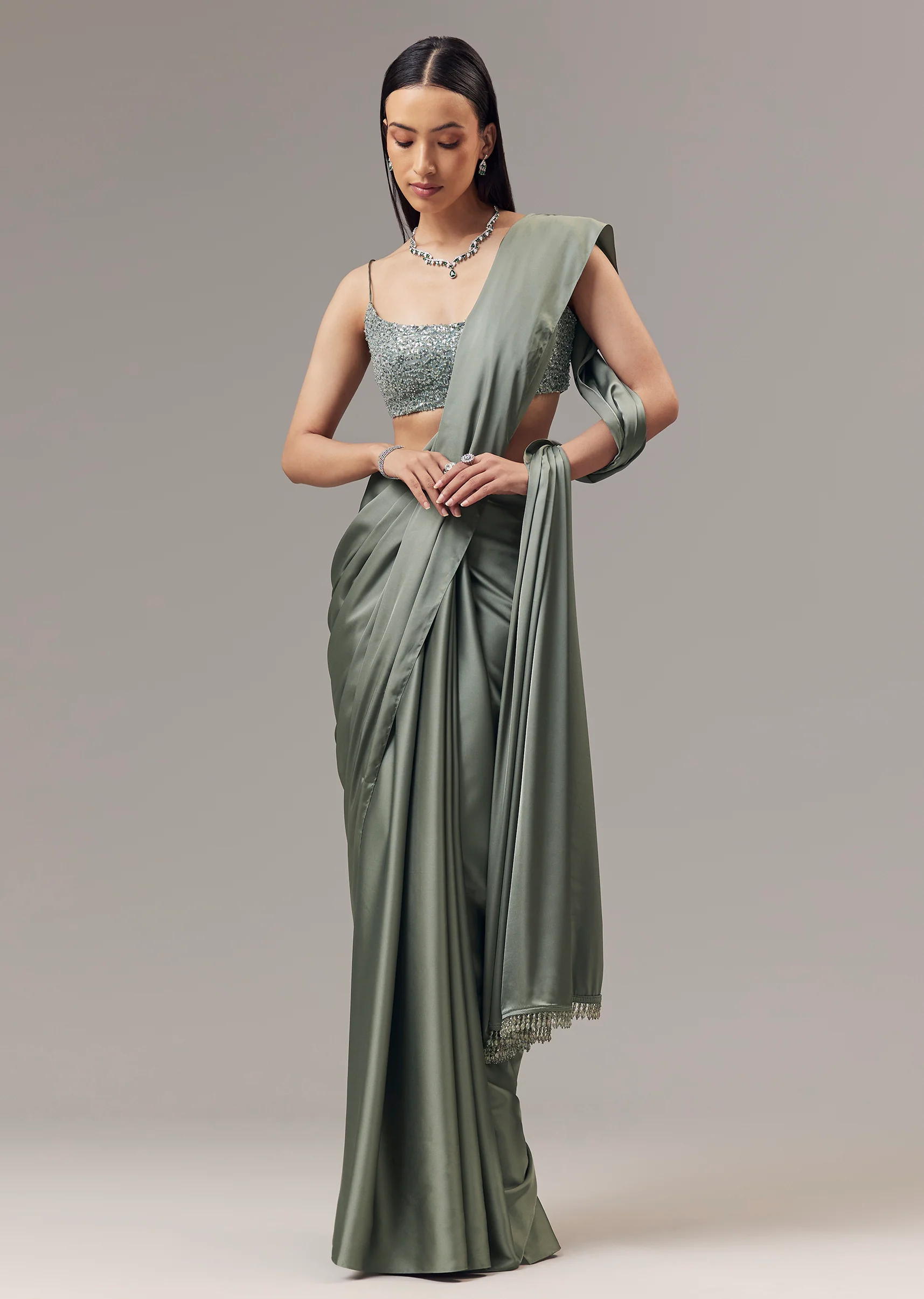 Green Satin Blend Saree With Cut Dana And Sequin Embellished Blouse