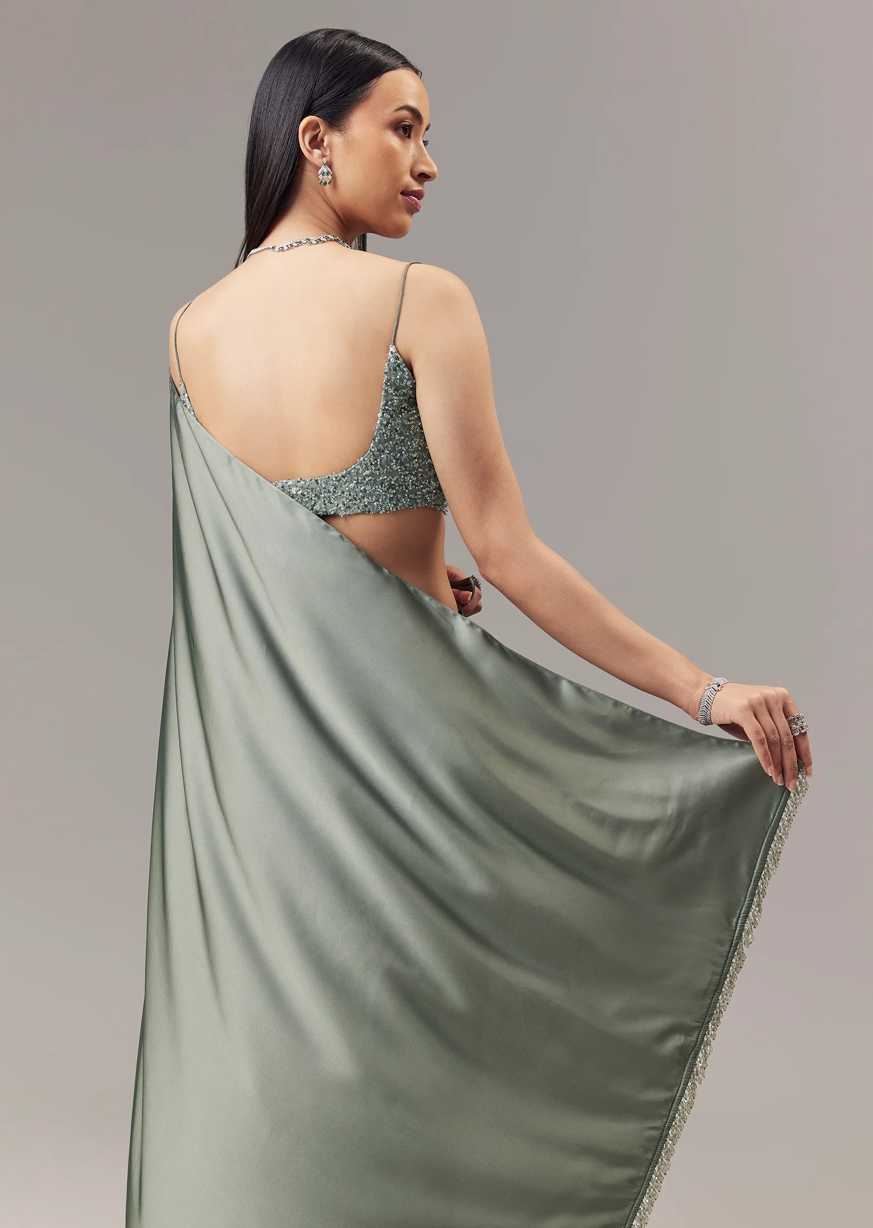 Green Satin Blend Saree With Cut Dana And Sequin Embellished Blouse - Image 6