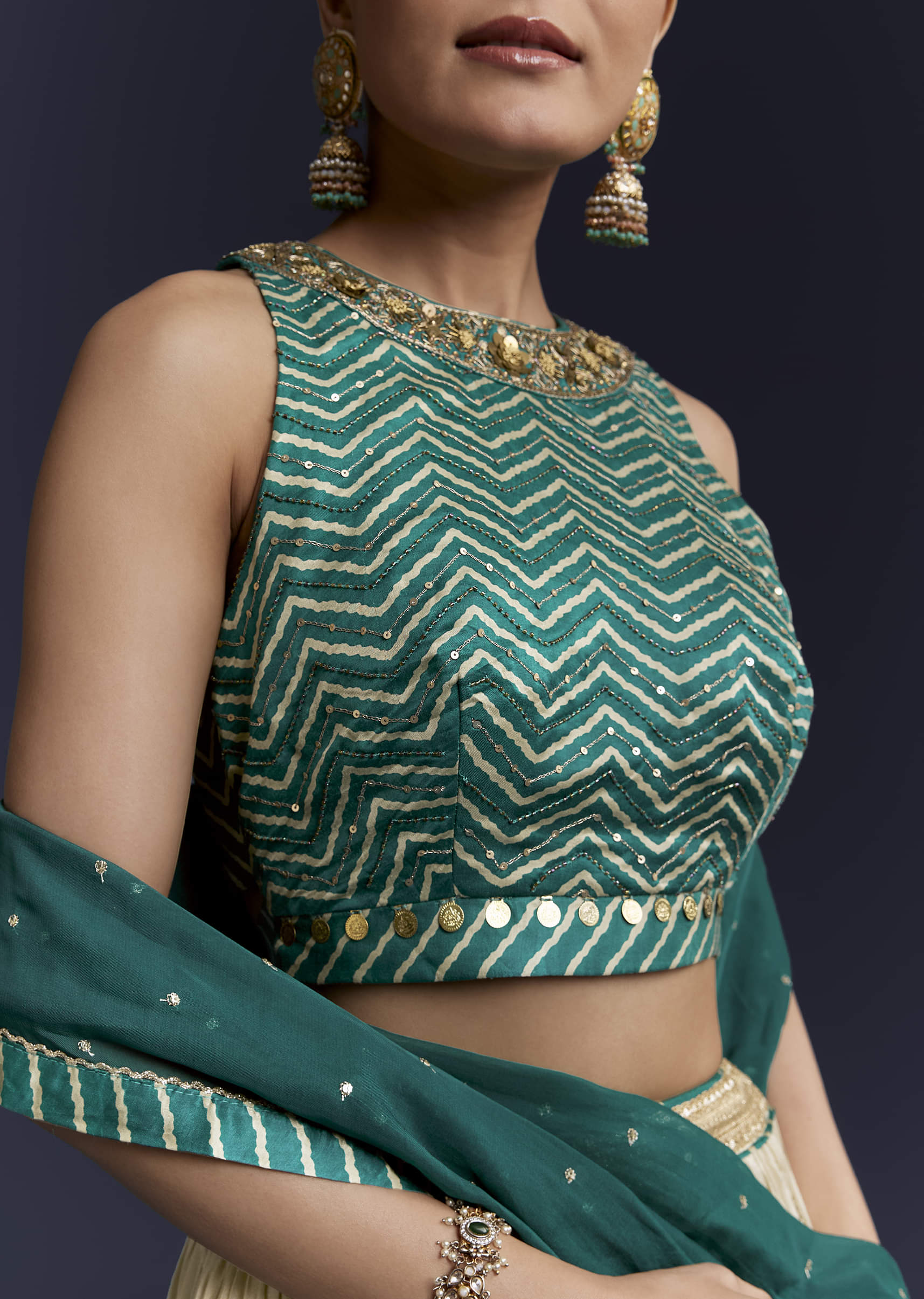Green Satin Bridesmaid Lehenga With Hand Dyed Chevron Print Choli - Image 3