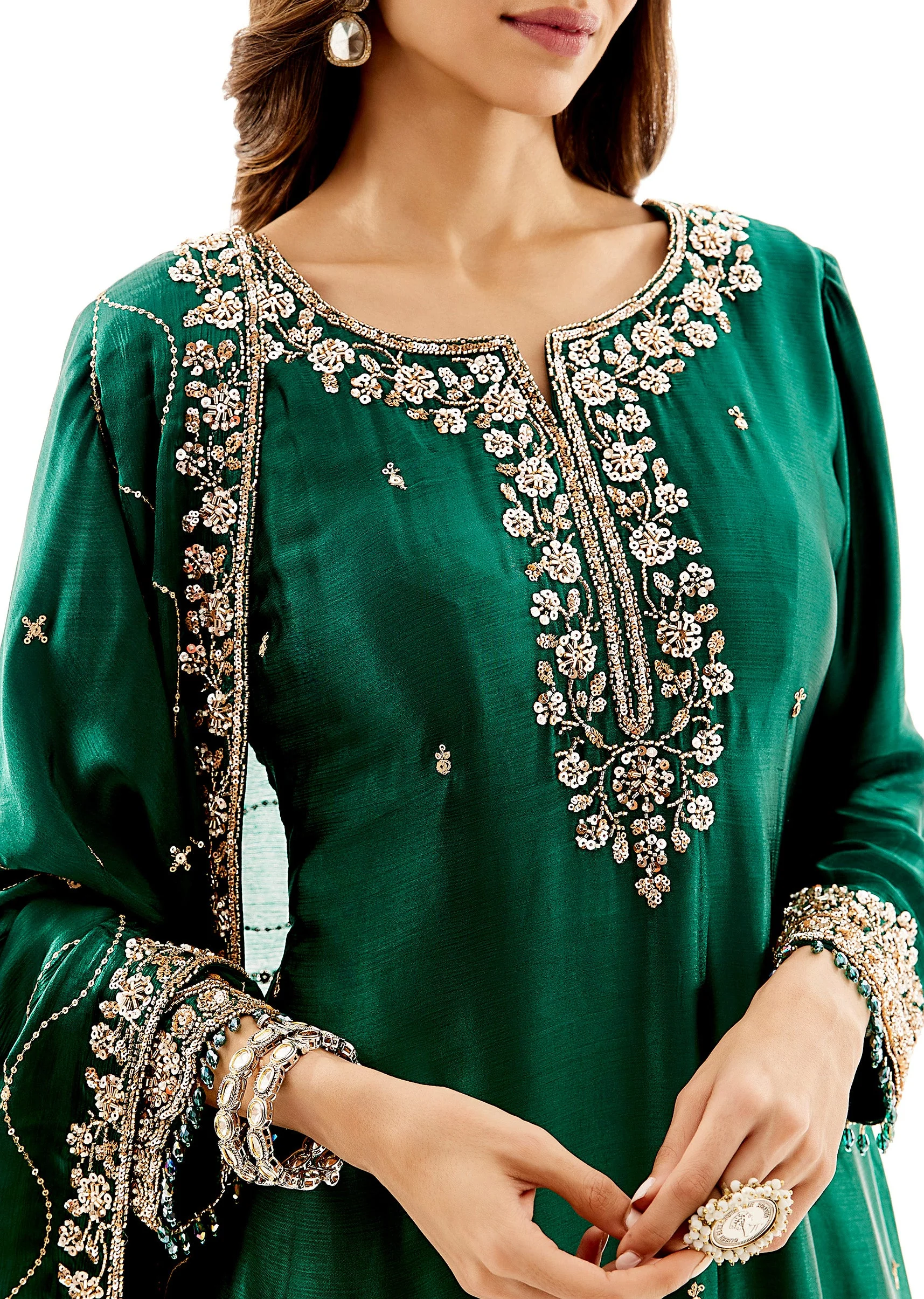 Green Satin Palazzo Dupatta Set With Cutdana And Sequins Work - Image 2