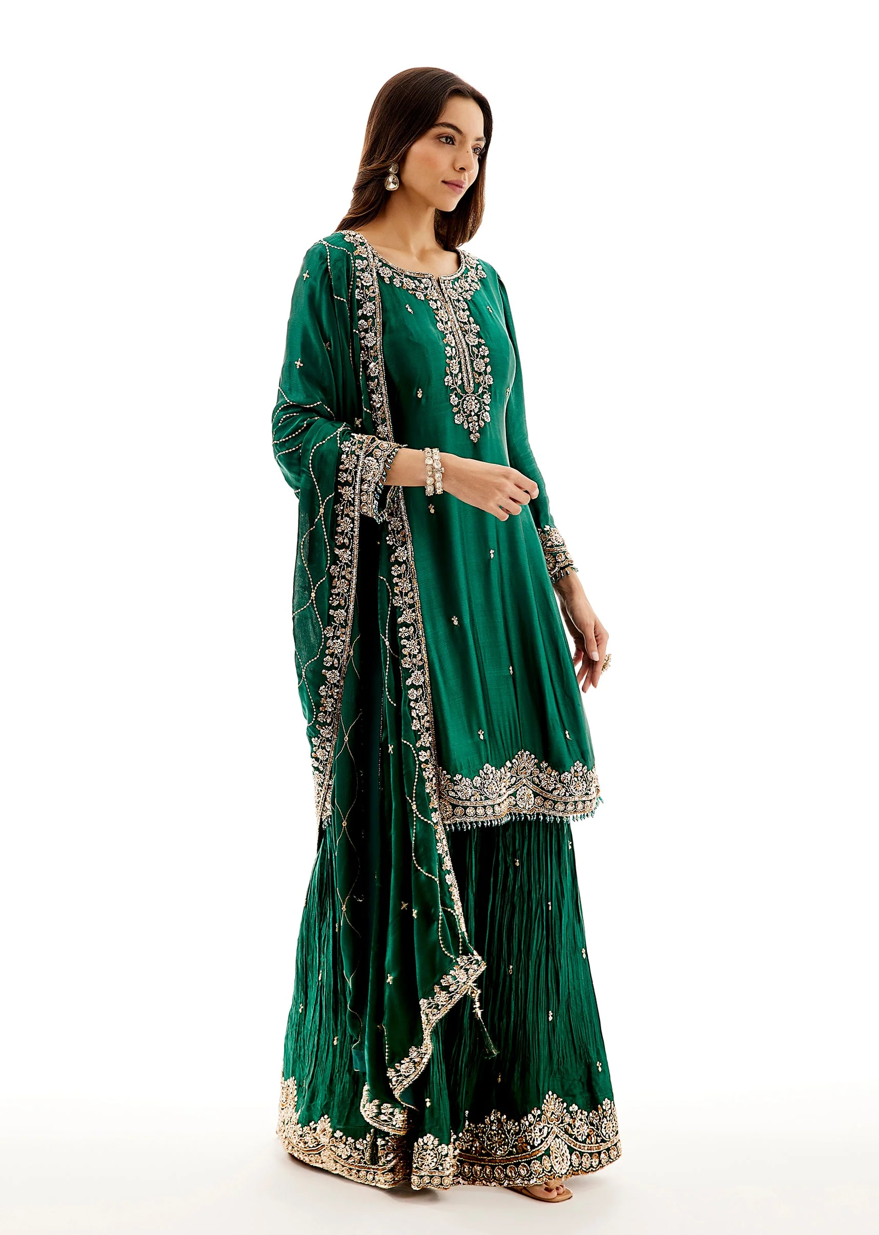 Green Satin Palazzo Dupatta Set With Cutdana And Sequins Work - Image 3