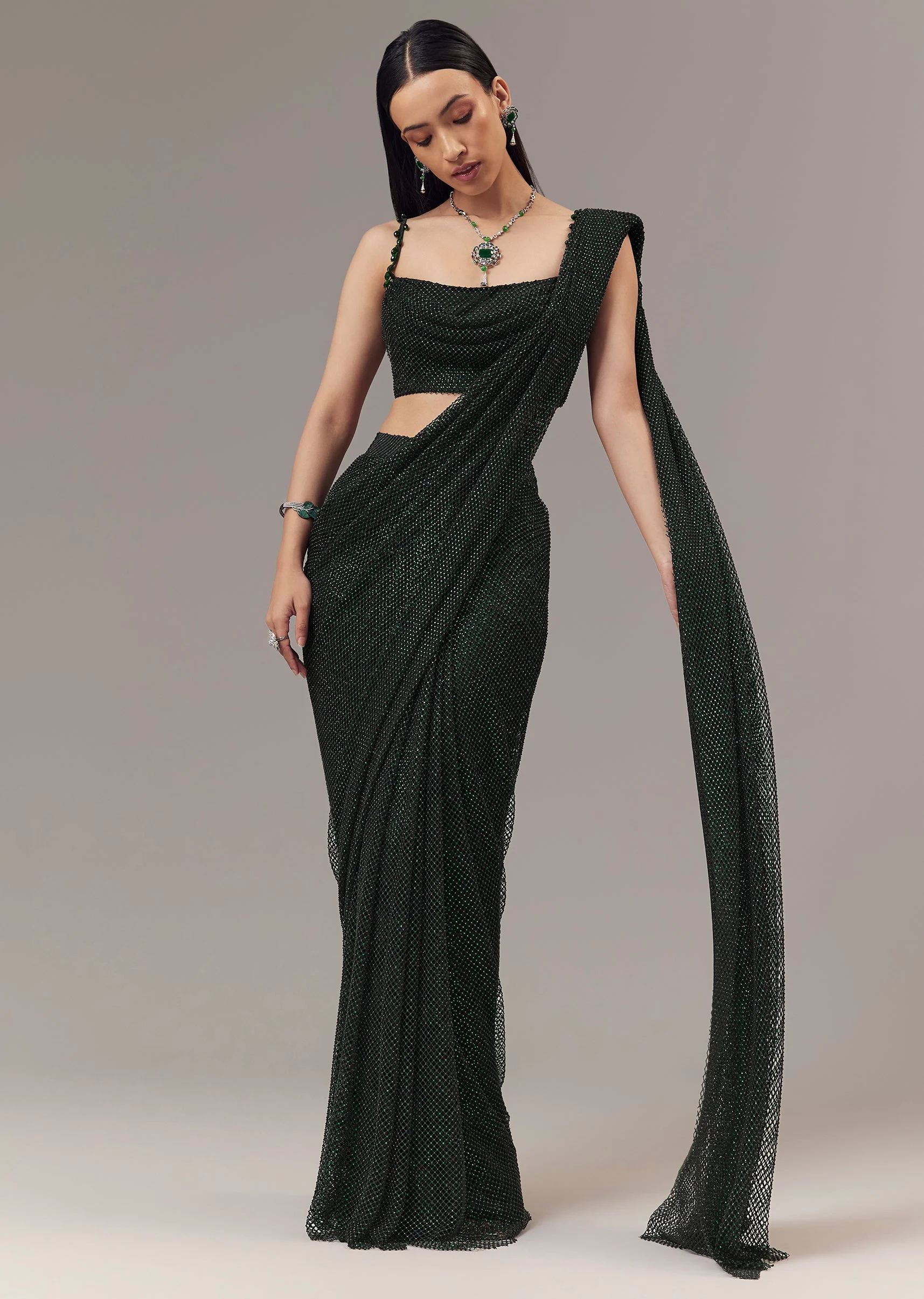 Green Satin Ready Pleated Indo Western Saree With Stone Detail Work