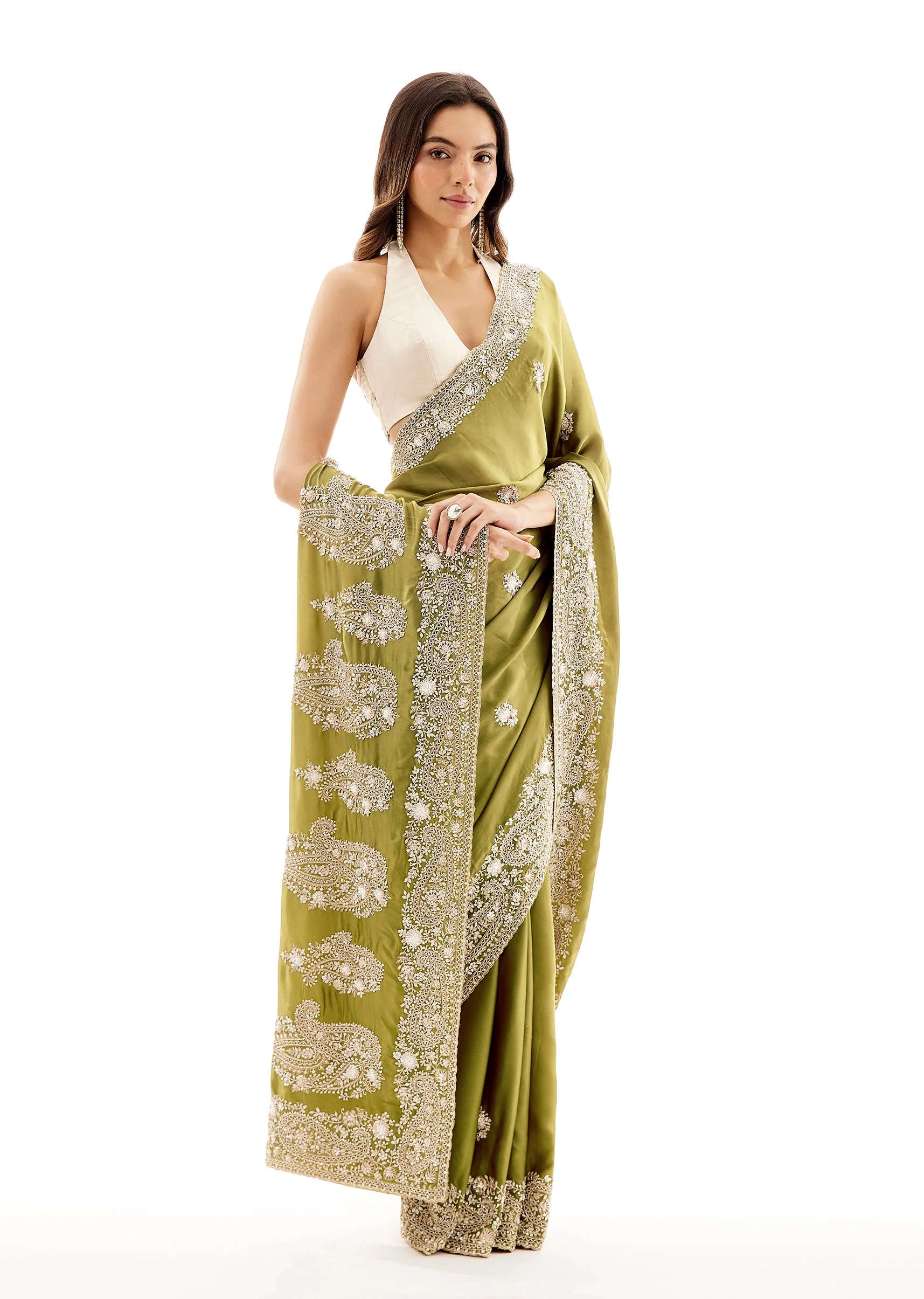 Green Satin Saree With Cutdana Embroidered Border - Image 3