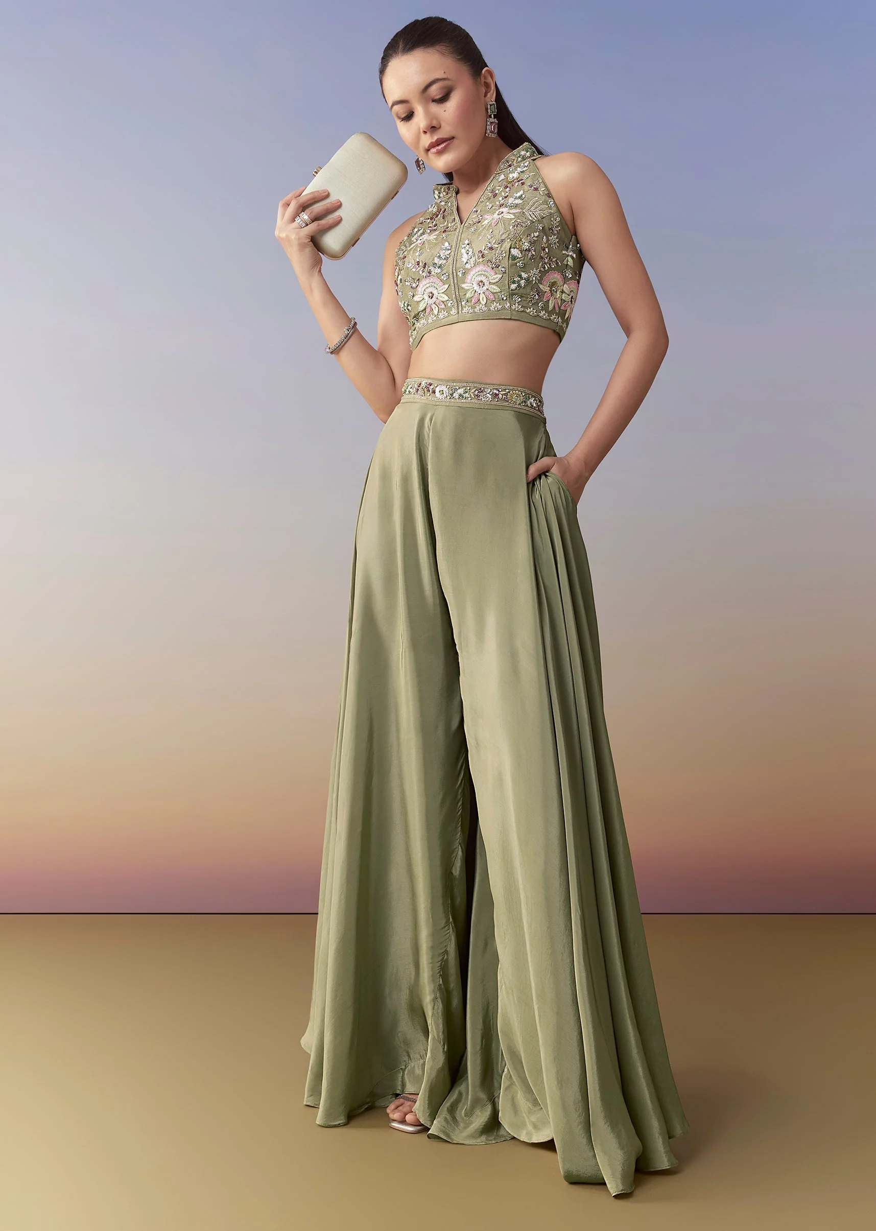 Green Sequin Embellished Crop Top Palazzo Set