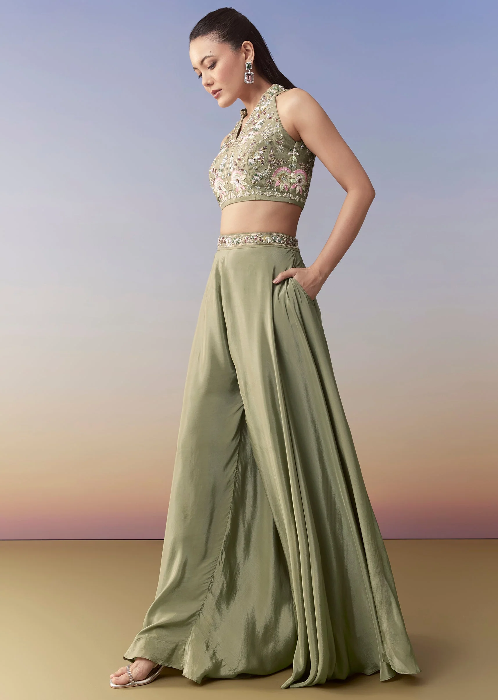 Green Sequin Embellished Crop Top Palazzo Set - Image 3