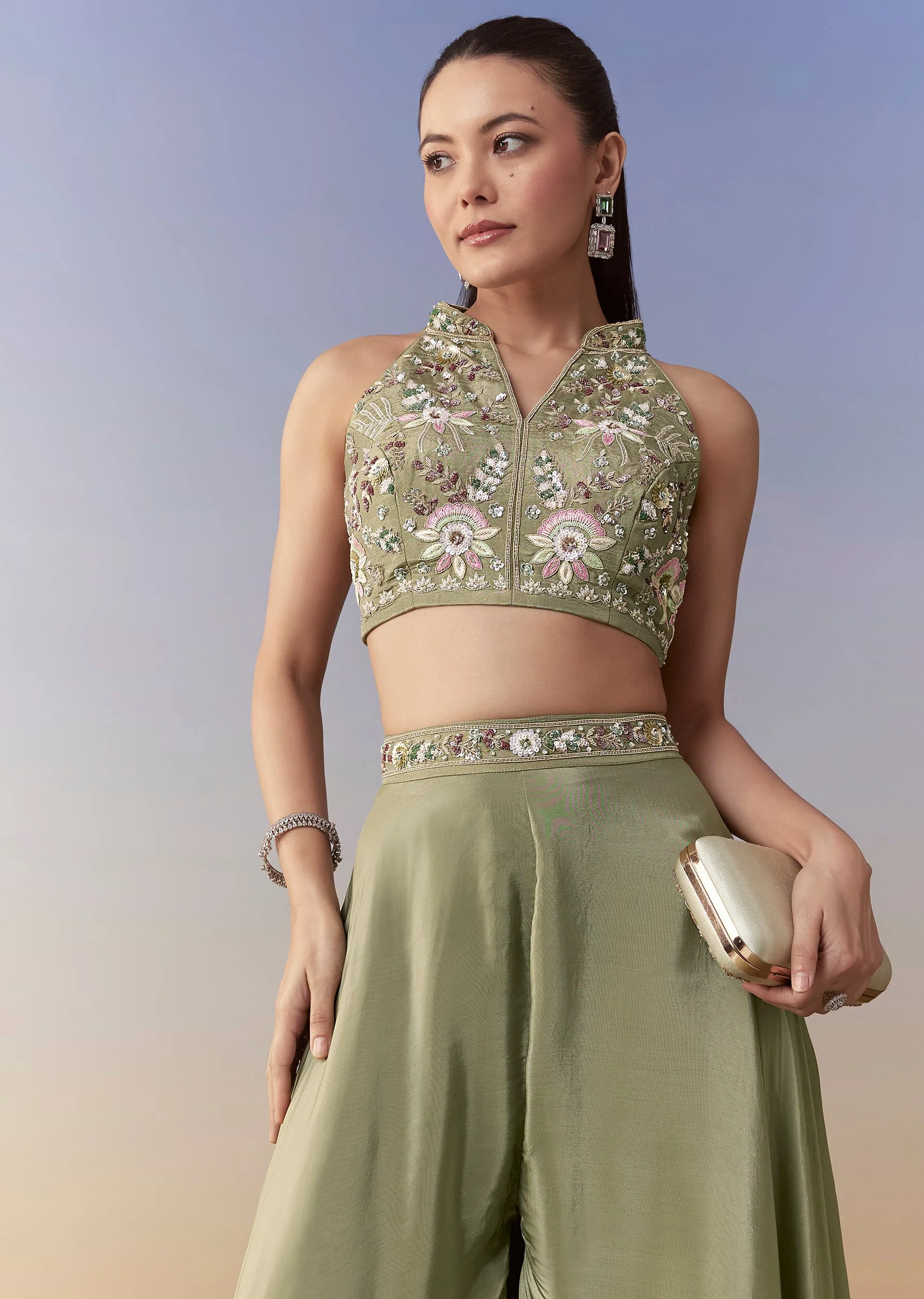 Green Sequin Embellished Crop Top Palazzo Set - Image 4