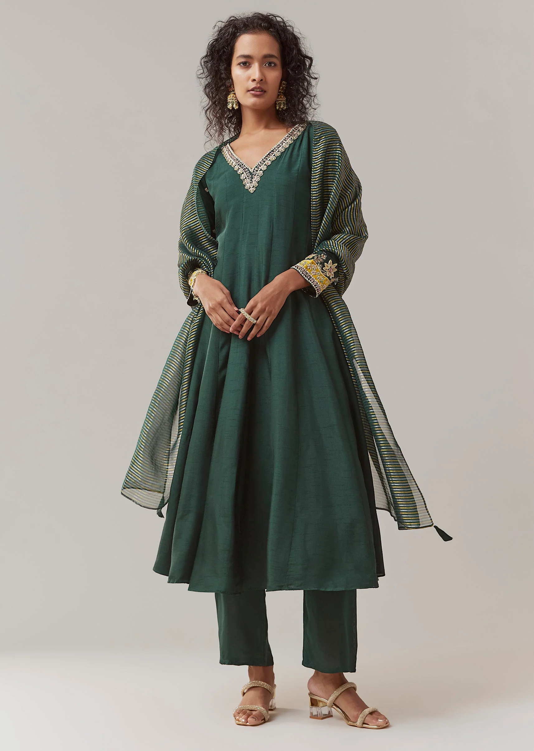 Green Sequinned Silk Anarkali Suit Set - Image 4