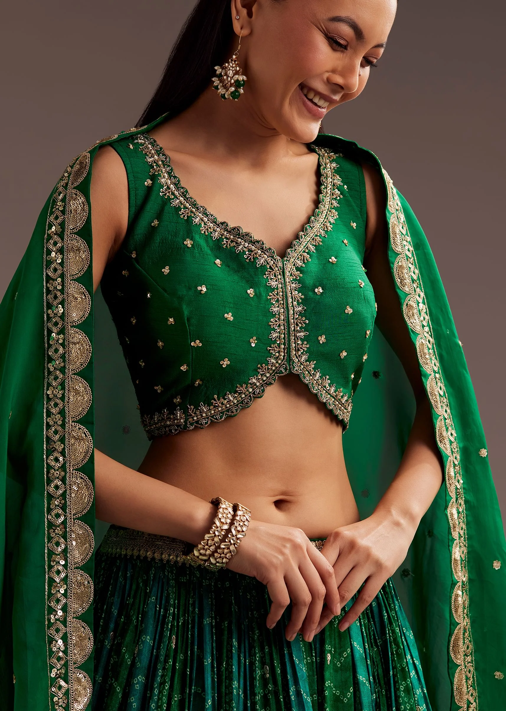 Green Sequins Bandhani Lehenga Dupatta Set - Image 2